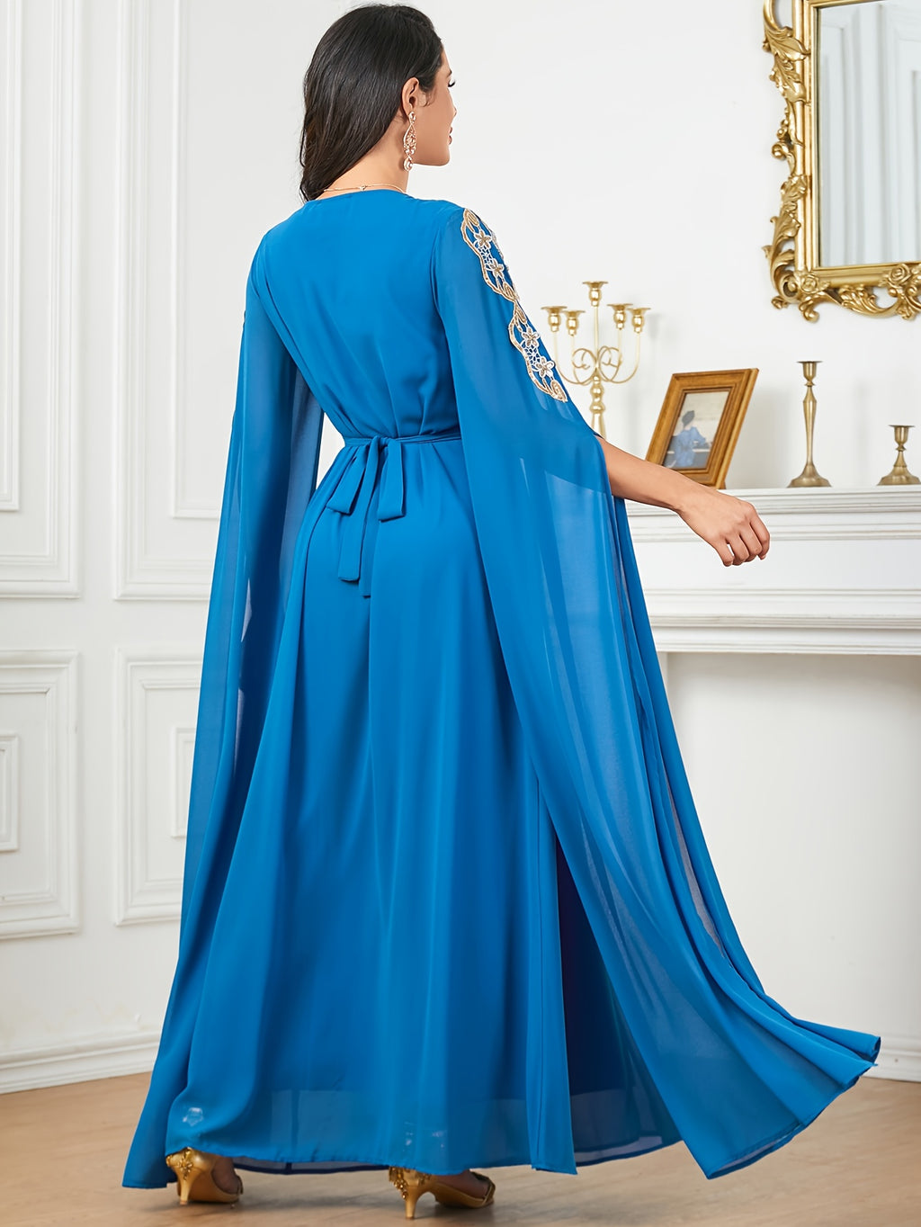 1pc Elegant Middle Eastern Embroidered Long Sleeve Split Cuff Maxi Dress with Waist Belt, 100% Polyester Solid Color, Non-Stretch Fabric, All-Season Woven A-Line Gown