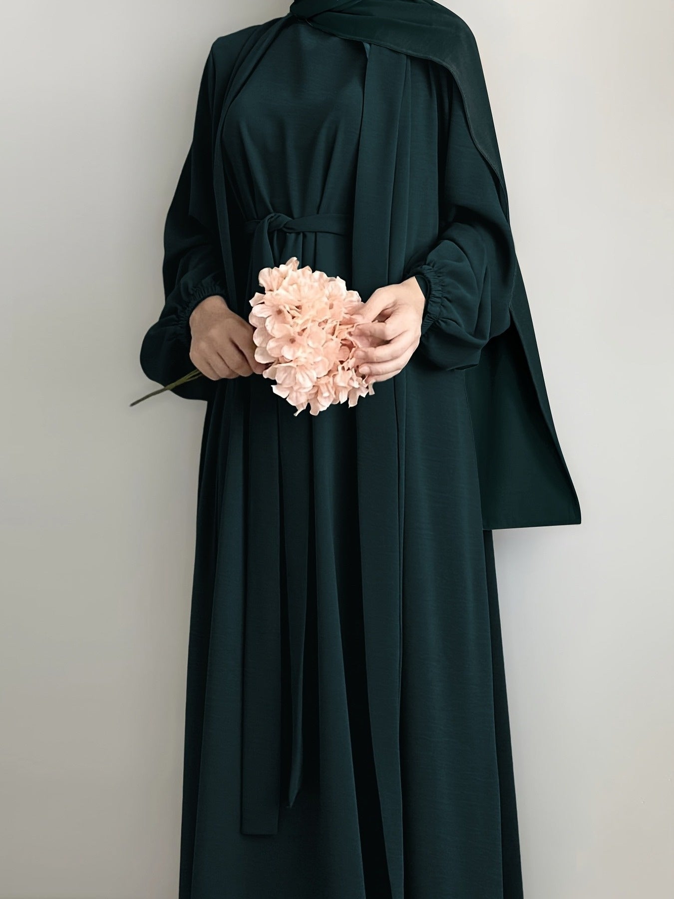 3pcs Traditional Middle Eastern Abaya Dress Set - Long Sleeve, Belted Waist, Solid Color, Non-Stretch Fabric, Spring/Summer/Fall Wear, Includes Cardigan, Dress, and Headscarf, Cultural Attire|Traditional Attire|Belted Waist D