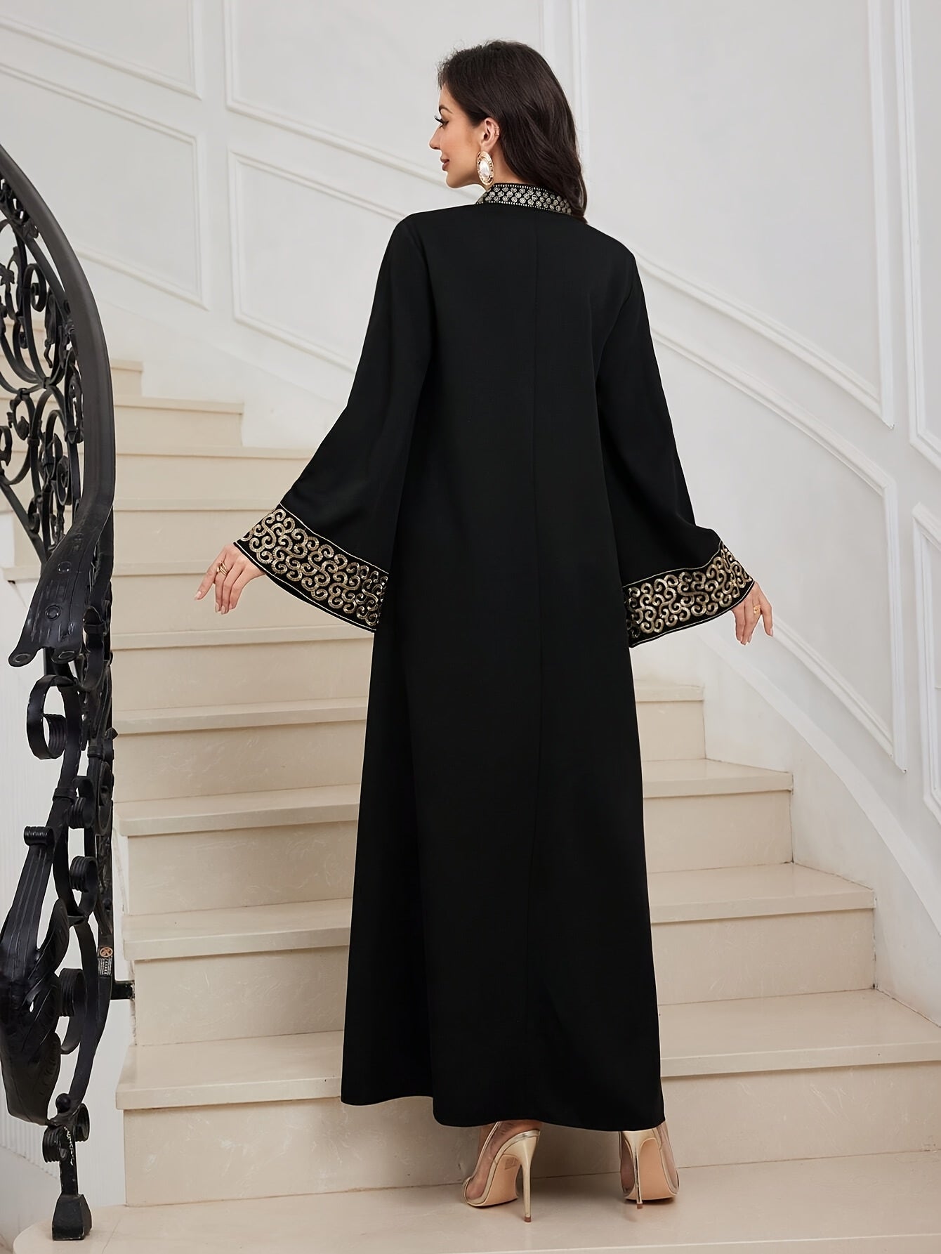 Elegant Black Abaya with Golden Embroidery - V-Neck, Waist-Cinching, Flared Sleeves, Perfect for Weddings, Parties, and Formal Events, Formal Event Attire|Vneck Abaya|Waistcinching Design, Abaya Dress