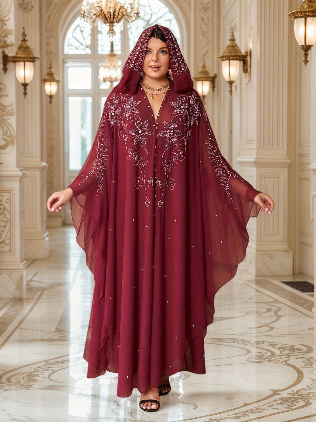 Elegant Blue Embellished Maxi Dress with Geometric Pattern, Loose Fit, Three Quarter Sleeve, Mesh Fabric, Pearls & Rhinestones, Perfect for Spring & Summer Events, Elegant Attire|Geometric Pattern Dress|Mesh Fabric Dress