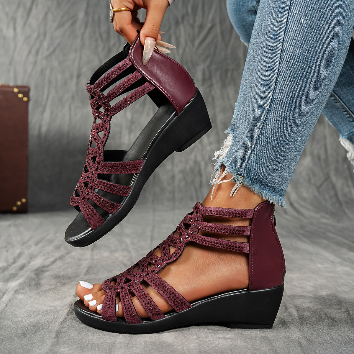 Women's Summer Roman Sandals - Thick Platform Mid-Heel with Adjustable Ankle Strap, Open-Toe Design & Breathable Faux Cover - Black & Burgundy Casual Outdoor Shoes, Chunky Heel Sandals