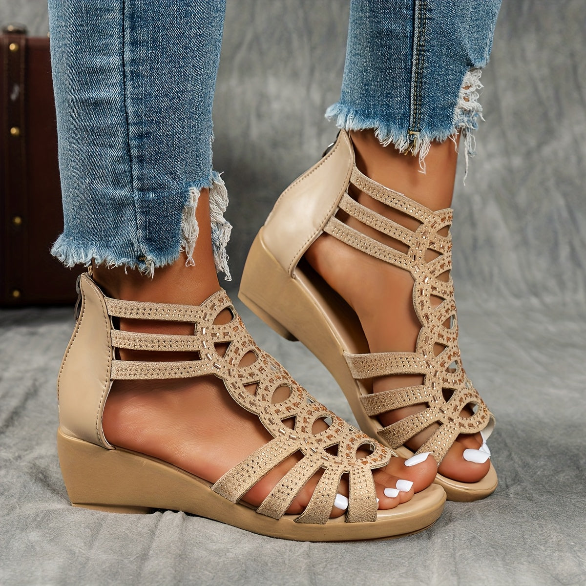 Women's Summer Roman Sandals - Thick Platform Mid-Heel with Adjustable Ankle Strap, Open-Toe Design & Breathable Faux Cover - Black & Burgundy Casual Outdoor Shoes, Chunky Heel Sandals