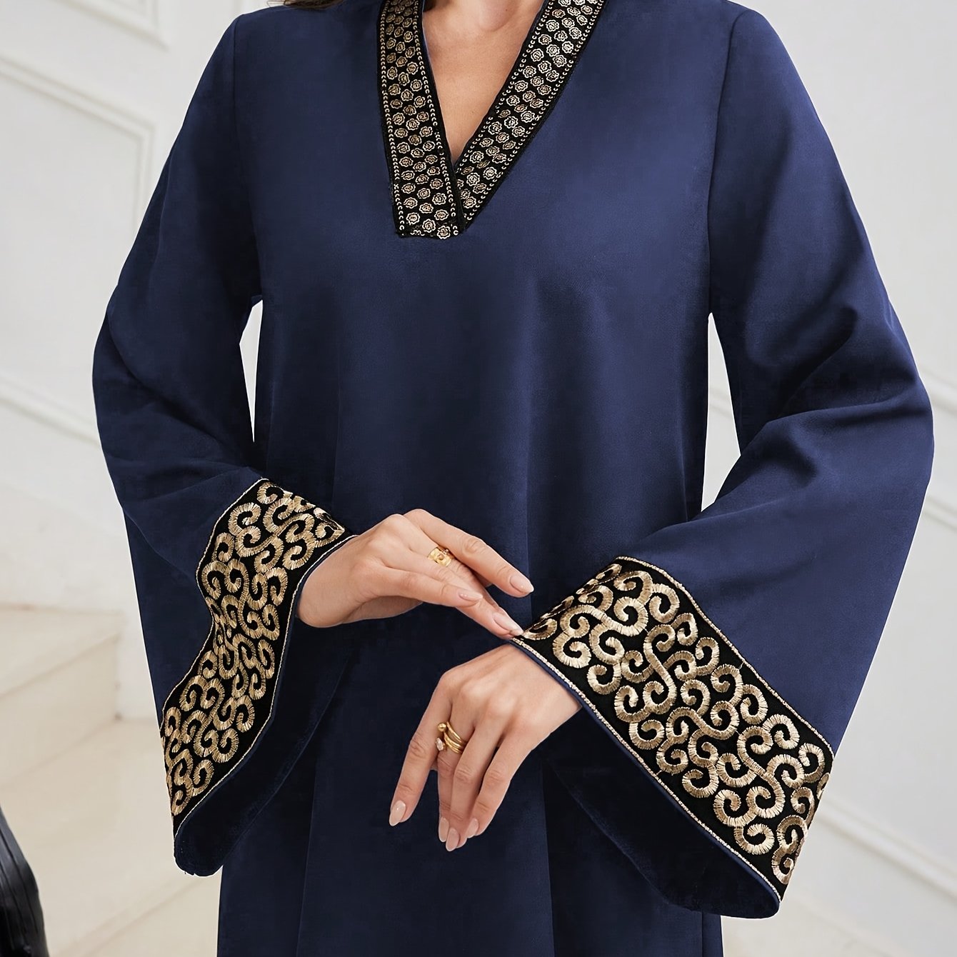 Elegant Black Abaya with Golden Embroidery - V-Neck, Waist-Cinching, Flared Sleeves, Perfect for Weddings, Parties, and Formal Events, Formal Event Attire|Vneck Abaya|Waistcinching Design, Abaya Dress