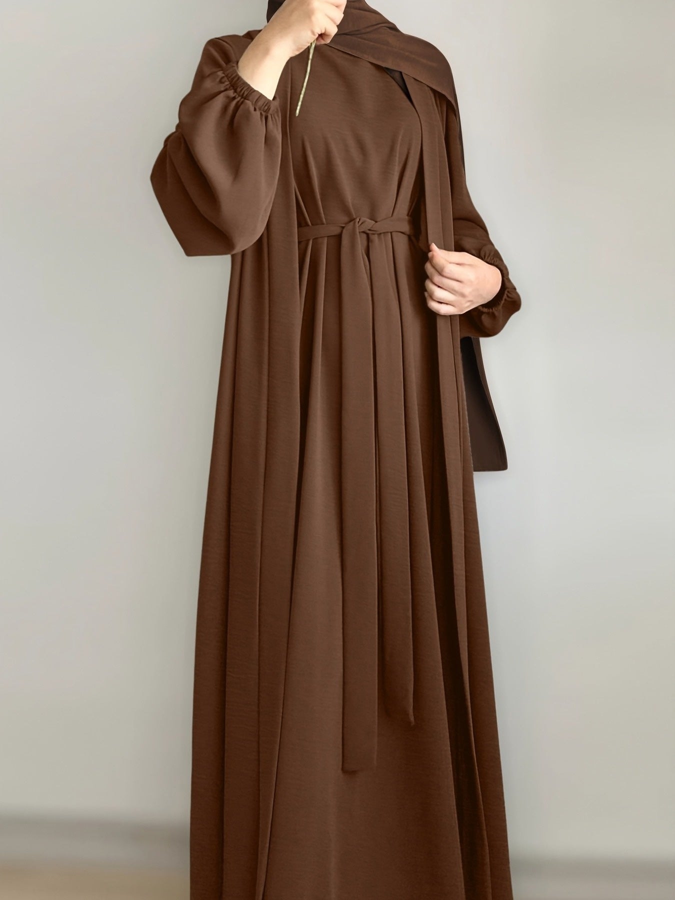 3pcs Traditional Middle Eastern Abaya Dress Set - Long Sleeve, Belted Waist, Solid Color, Non-Stretch Fabric, Spring/Summer/Fall Wear, Includes Cardigan, Dress, and Headscarf, Cultural Attire|Traditional Attire|Belted Waist D
