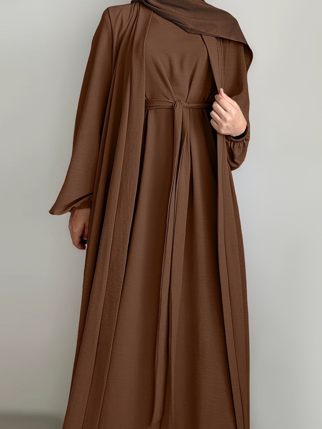 3pcs Traditional Middle Eastern Abaya Dress Set - Long Sleeve, Belted Waist, Solid Color, Non-Stretch Fabric, Spring/Summer/Fall Wear, Includes Cardigan, Dress, and Headscarf, Cultural Attire|Traditional Attire|Belted Waist D