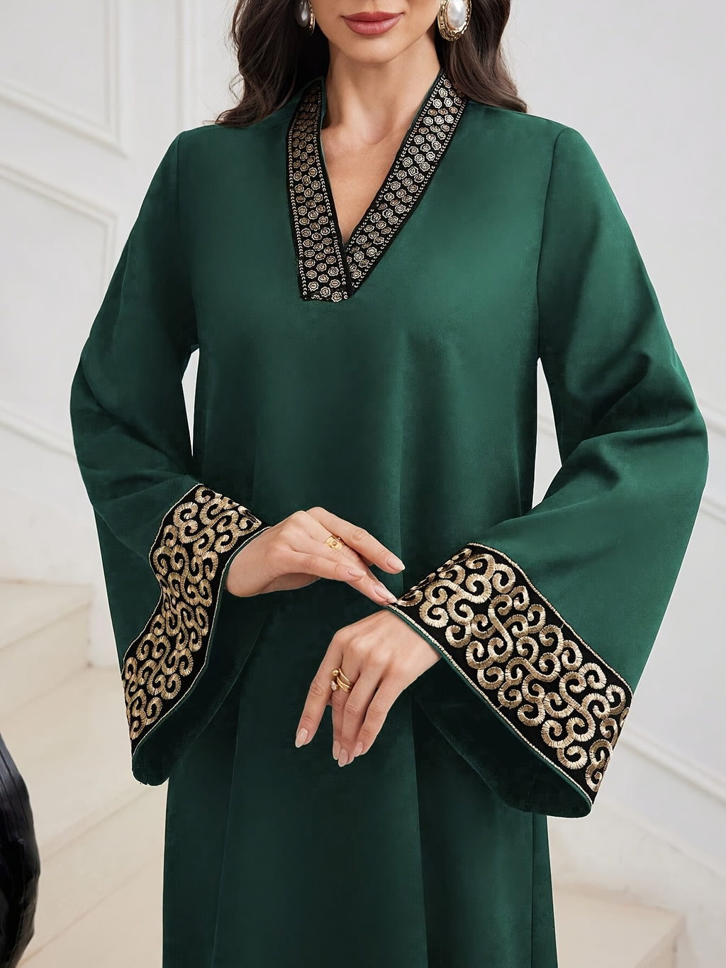 Elegant Black Abaya with Golden Embroidery - V-Neck, Waist-Cinching, Flared Sleeves, Perfect for Weddings, Parties, and Formal Events, Formal Event Attire|Vneck Abaya|Waistcinching Design, Abaya Dress