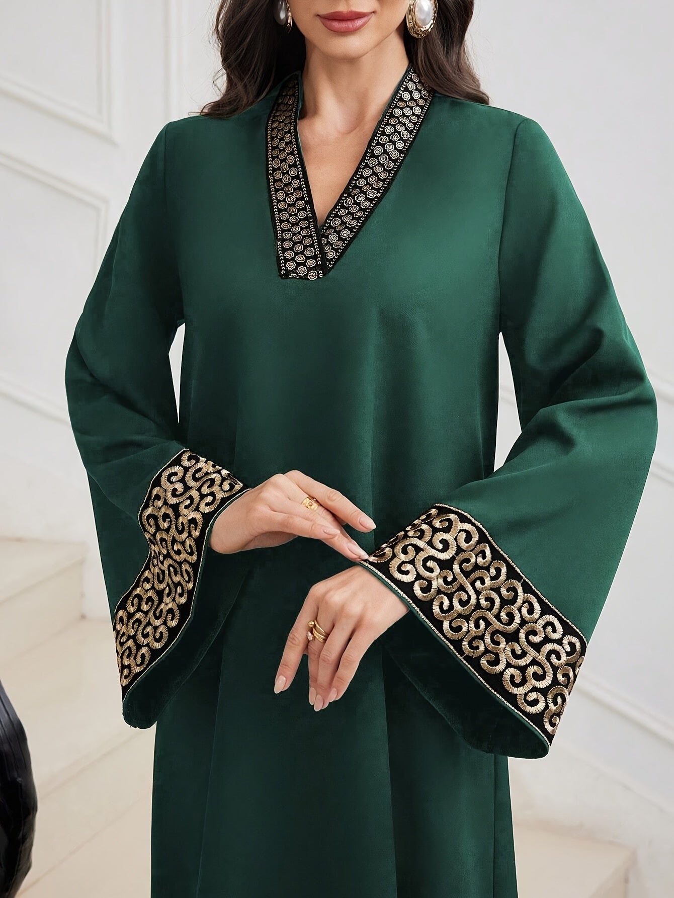 Elegant Black Abaya with Golden Embroidery - V-Neck, Waist-Cinching, Flared Sleeves, Perfect for Weddings, Parties, and Formal Events, Formal Event Attire|Vneck Abaya|Waistcinching Design, Abaya Dress