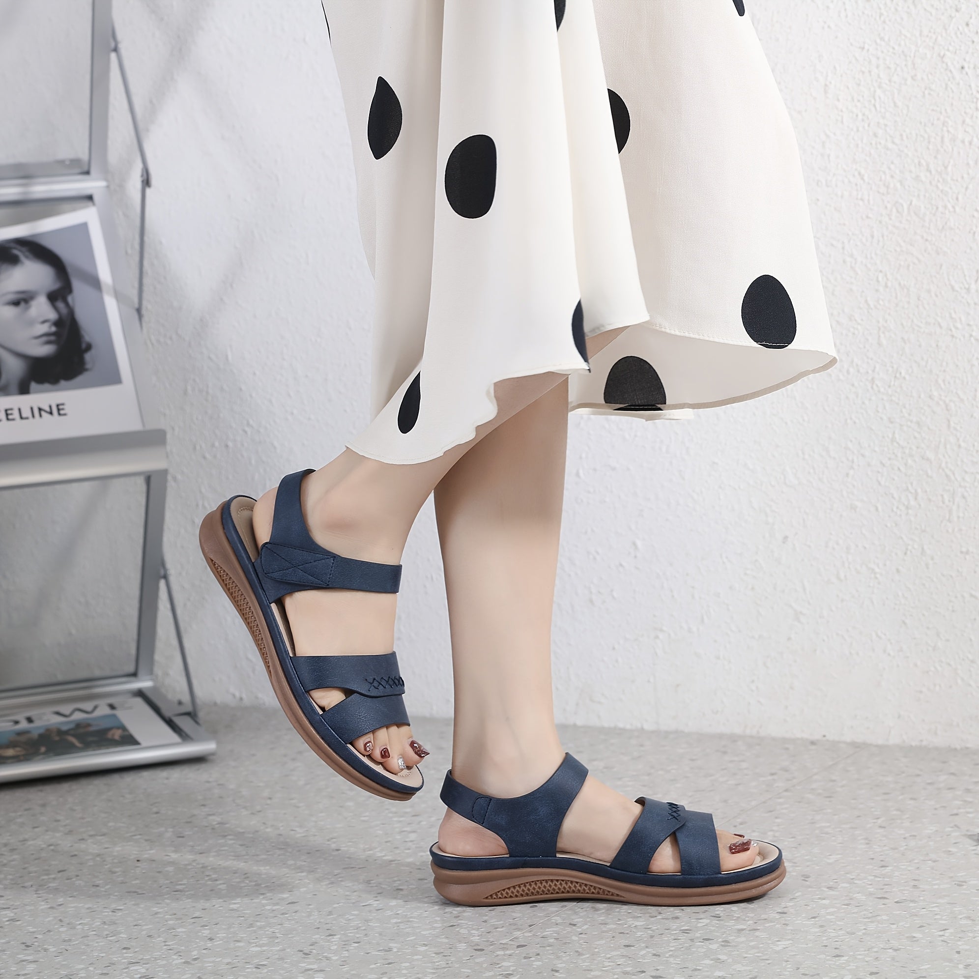 Women'S Summer Casual Slip-On Sandals - Lightweight Non-Slip Low Heel, Open Toe with Adjustable Hook-and-Loop Strap, Synthetic Cover Upper & TPR Sole for Beach, Shopping, Outings, Beach Shoes, Fashionable Footwear, Comfortabl