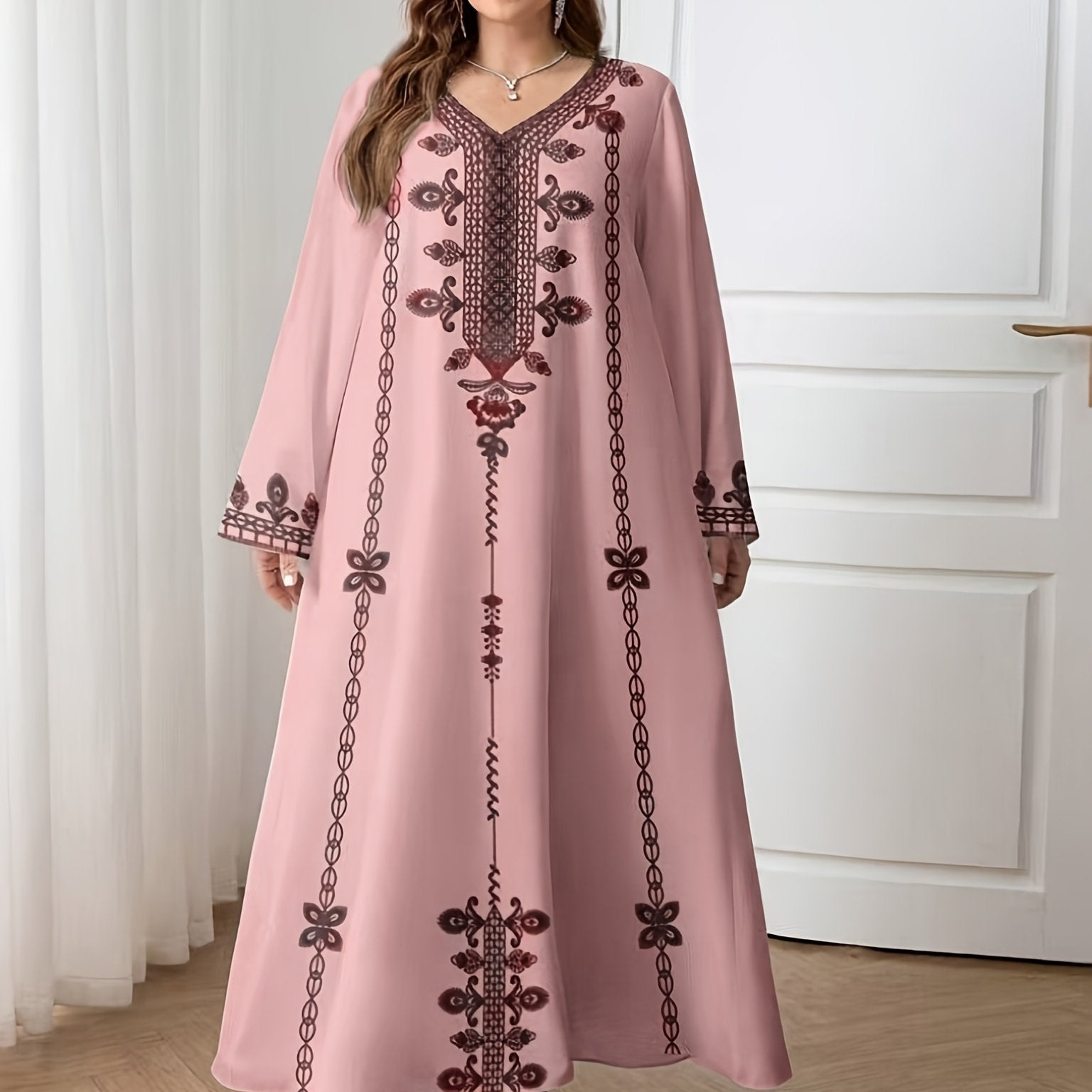 Elegant Plus Size V-Neck Maxi Dress with Intricate Floral Print, Loose Fit Long Sleeve Tunic for Women - All-Season Versatile Wear, Plus Size Dresses