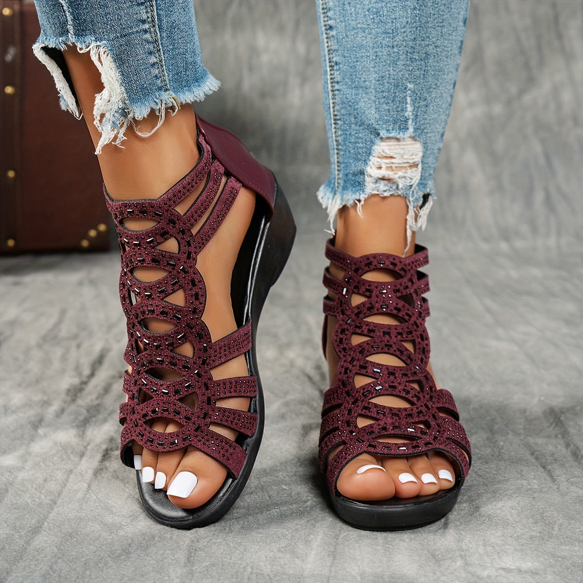 Women's Summer Roman Sandals - Thick Platform Mid-Heel with Adjustable Ankle Strap, Open-Toe Design & Breathable Faux Cover - Black & Burgundy Casual Outdoor Shoes, Chunky Heel Sandals