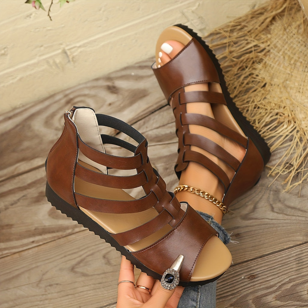 Women's Gladiator Platform Sandals - Thick Sole Low Heel, Crisscross Straps with Adjustable Buckle, Open-Toe Summer Sandals Rich Brown Faux Cover for Casual & Formal Outfits, Strappy Sandals, Outfit Complements, Comfortable I
