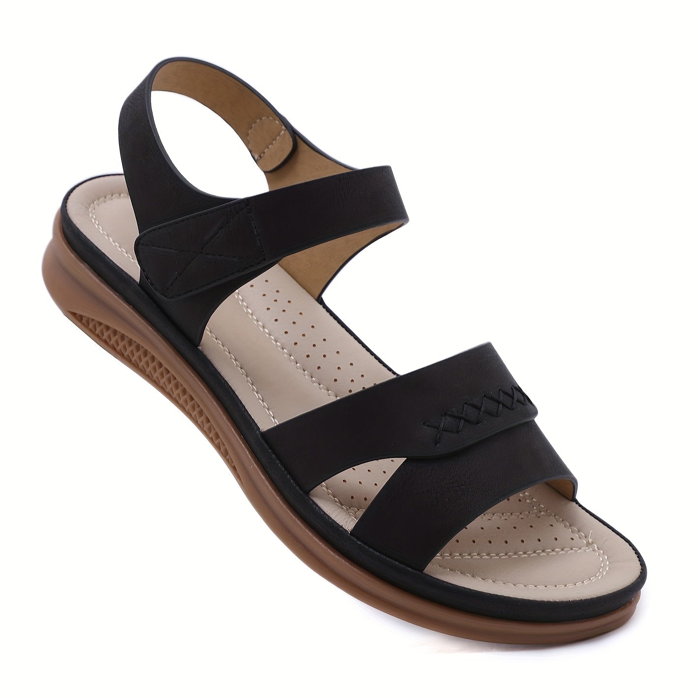 Women'S Summer Casual Slip-On Sandals - Lightweight Non-Slip Low Heel, Open Toe with Adjustable Hook-and-Loop Strap, Synthetic Cover Upper & TPR Sole for Beach, Shopping, Outings, Beach Shoes, Fashionable Footwear, Comfortabl