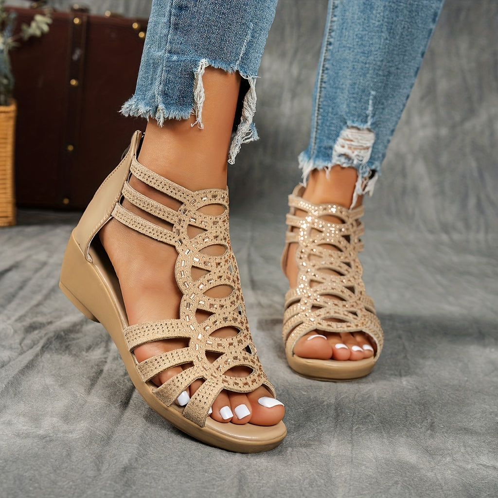 Women's Summer Roman Sandals - Thick Platform Mid-Heel with Adjustable Ankle Strap, Open-Toe Design & Breathable Faux Cover - Black & Burgundy Casual Outdoor Shoes, Chunky Heel Sandals