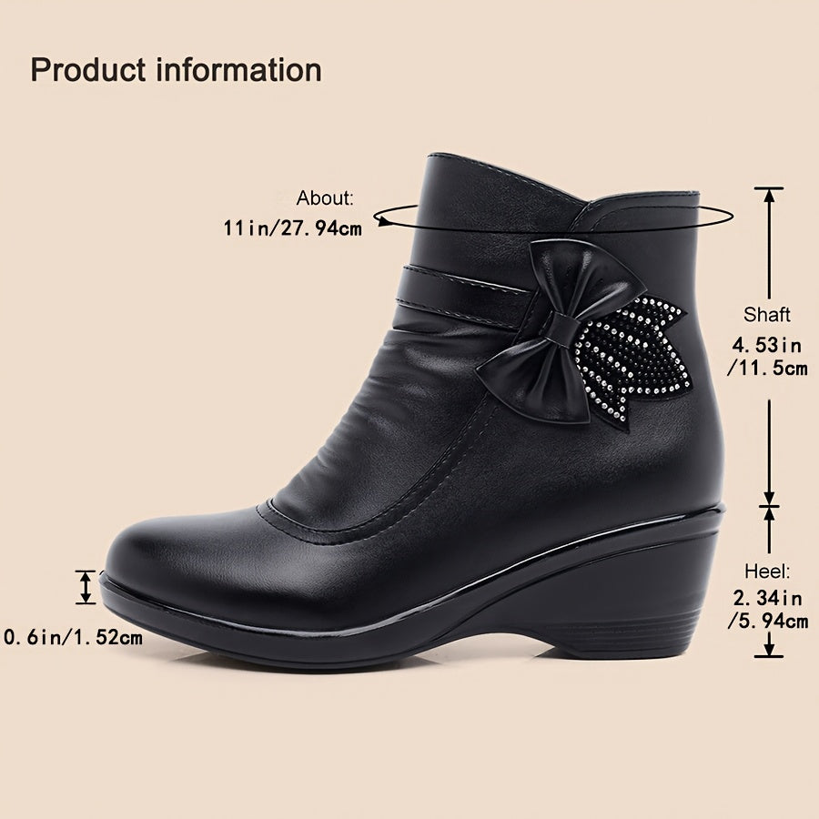 Pmoiste Ankle Boots for Women Bowknot Wedge Heels High Quality Soft Warm Plush Casual Short Boots Winter Zipper Comfy Ladies Bootie