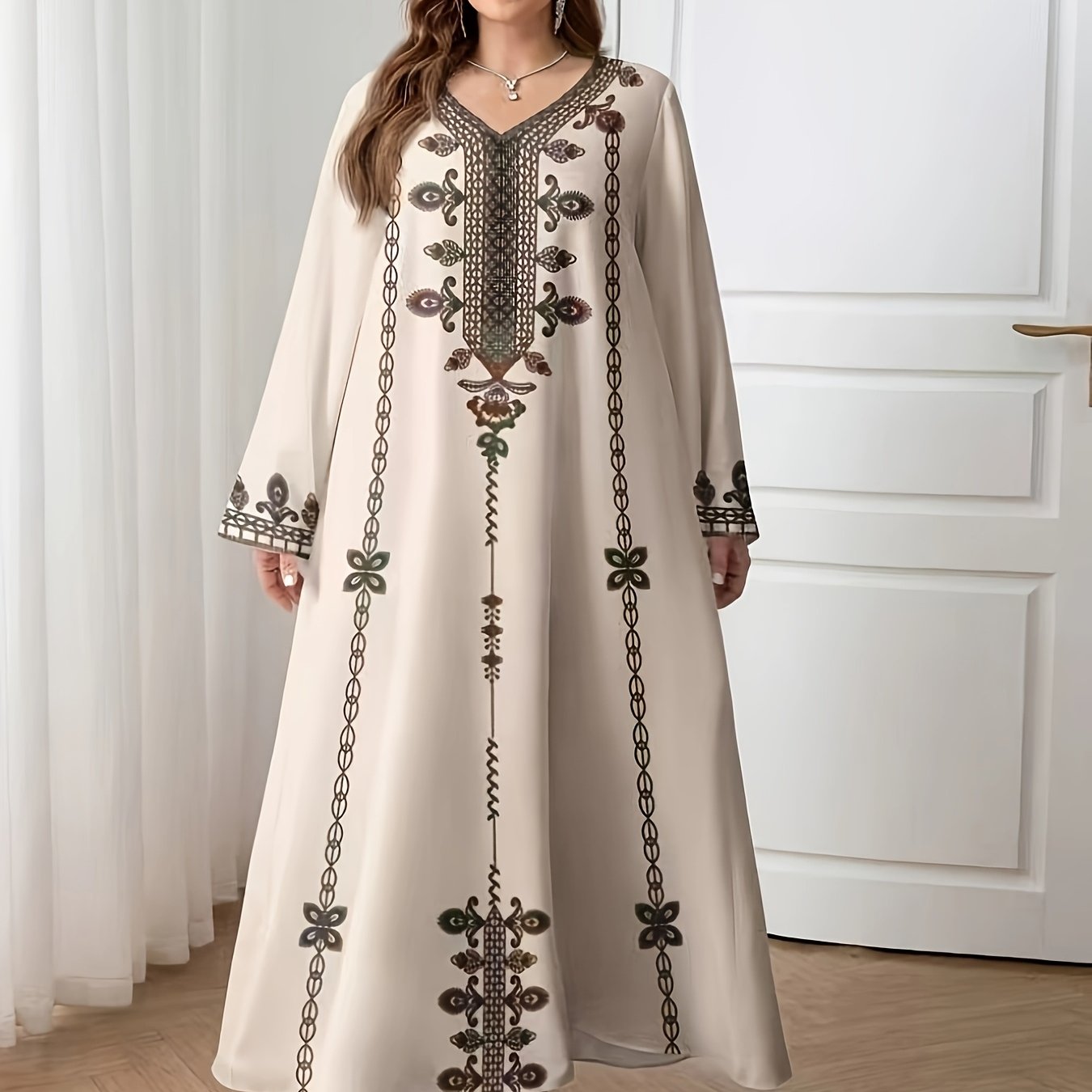 Elegant Plus Size V-Neck Maxi Dress with Intricate Floral Print, Loose Fit Long Sleeve Tunic for Women - All-Season Versatile Wear, Plus Size Dresses