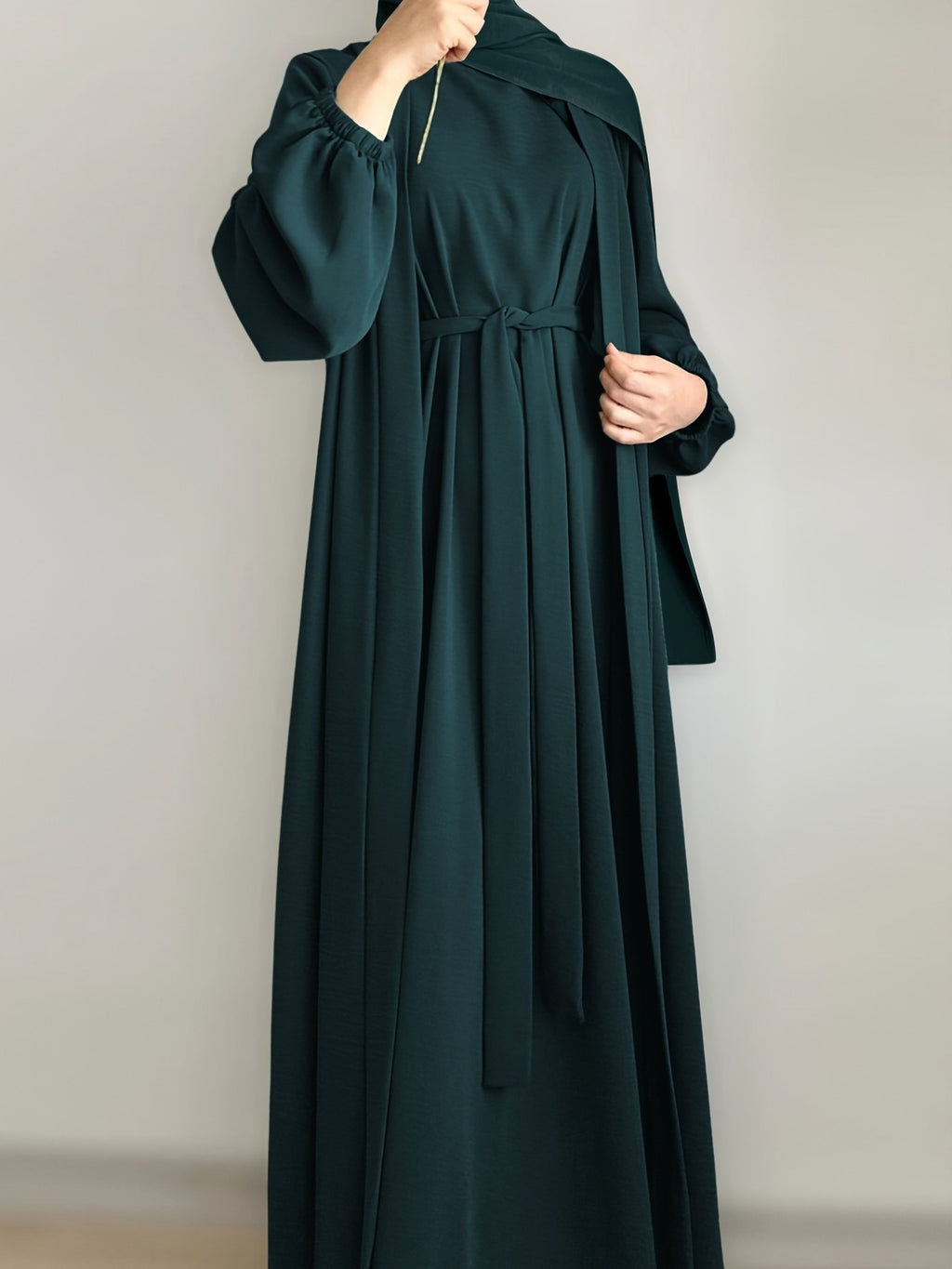 3pcs Traditional Middle Eastern Abaya Dress Set - Long Sleeve, Belted Waist, Solid Color, Non-Stretch Fabric, Spring/Summer/Fall Wear, Includes Cardigan, Dress, and Headscarf, Cultural Attire|Traditional Attire|Belted Waist D