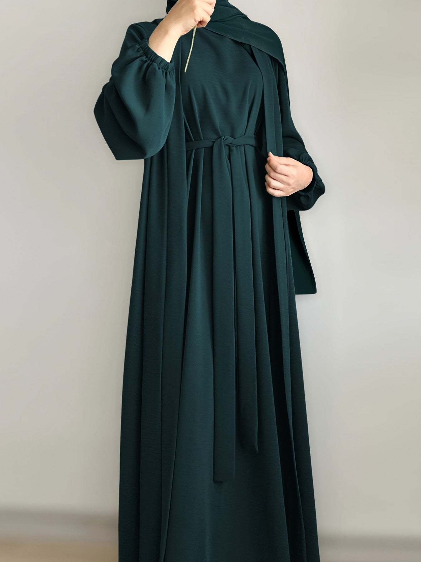 3pcs Traditional Middle Eastern Abaya Dress Set - Long Sleeve, Belted Waist, Solid Color, Non-Stretch Fabric, Spring/Summer/Fall Wear, Includes Cardigan, Dress, and Headscarf, Cultural Attire|Traditional Attire|Belted Waist D