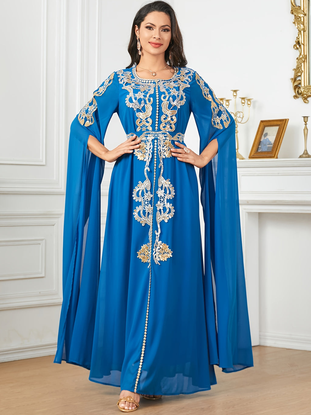 1pc Elegant Middle Eastern Embroidered Long Sleeve Split Cuff Maxi Dress with Waist Belt, 100% Polyester Solid Color, Non-Stretch Fabric, All-Season Woven A-Line Gown