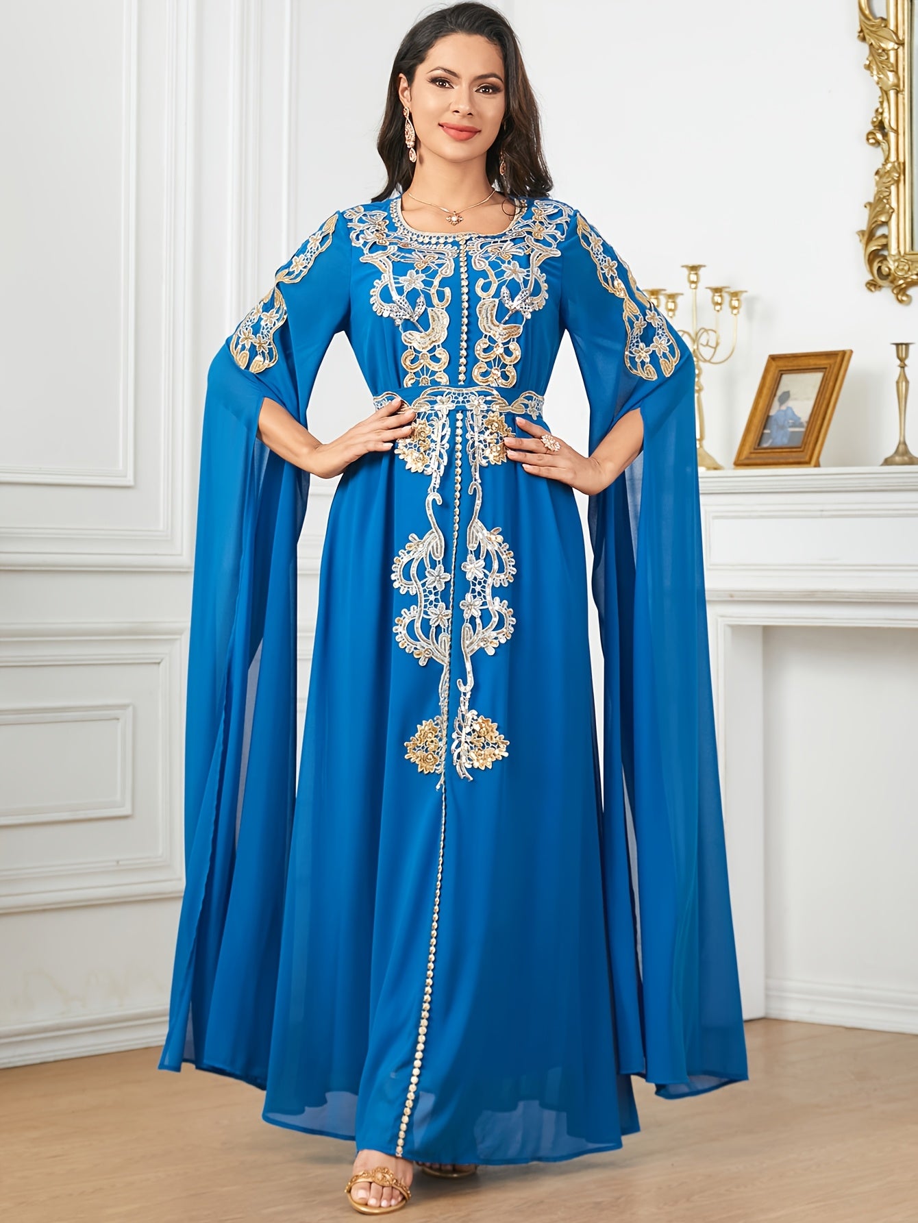 1pc Elegant Middle Eastern Embroidered Long Sleeve Split Cuff Maxi Dress with Waist Belt, 100% Polyester Solid Color, Non-Stretch Fabric, All-Season Woven A-Line Gown