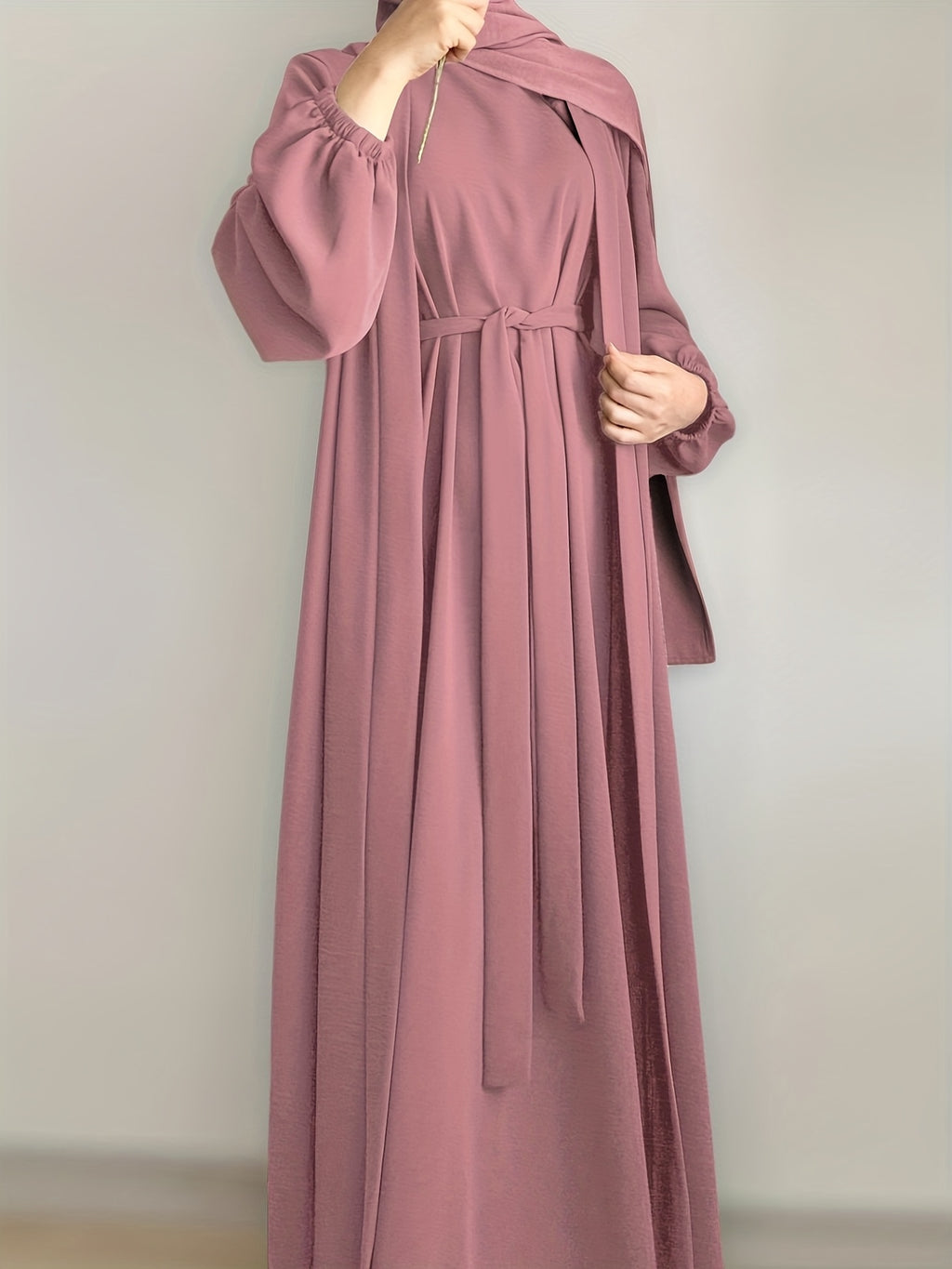 3pcs Traditional Middle Eastern Abaya Dress Set - Long Sleeve, Belted Waist, Solid Color, Non-Stretch Fabric, Spring/Summer/Fall Wear, Includes Cardigan, Dress, and Headscarf, Cultural Attire|Traditional Attire|Belted Waist D