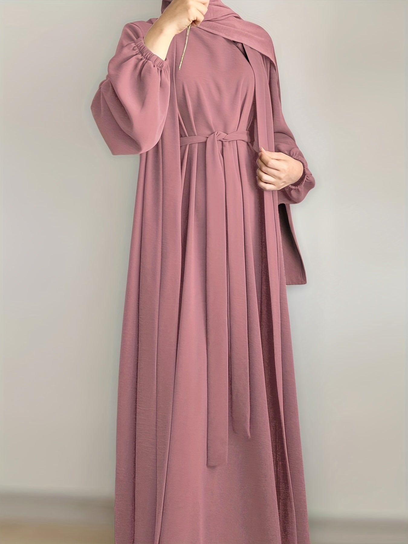3pcs Traditional Middle Eastern Abaya Dress Set - Long Sleeve, Belted Waist, Solid Color, Non-Stretch Fabric, Spring/Summer/Fall Wear, Includes Cardigan, Dress, and Headscarf, Cultural Attire|Traditional Attire|Belted Waist D