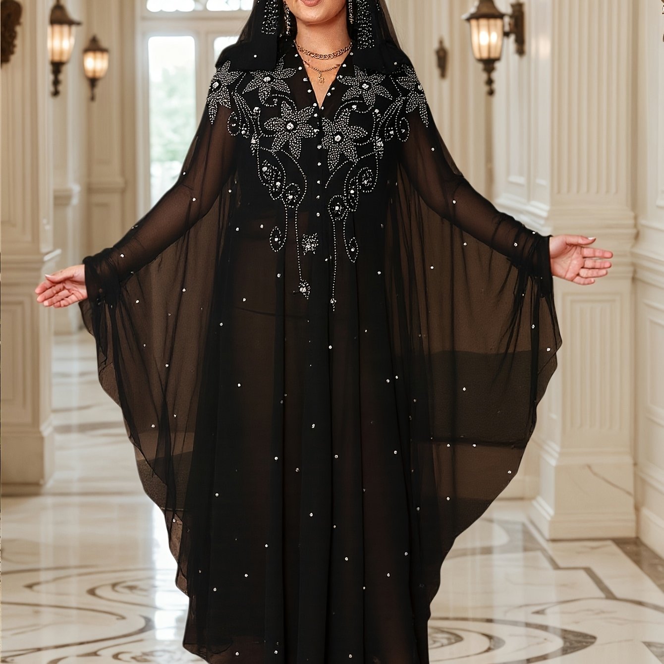Elegant Blue Embellished Maxi Dress with Geometric Pattern, Loose Fit, Three Quarter Sleeve, Mesh Fabric, Pearls & Rhinestones, Perfect for Spring & Summer Events, Elegant Attire|Geometric Pattern Dress|Mesh Fabric Dress