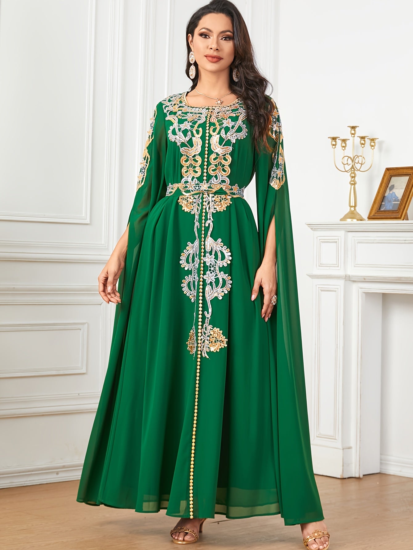 1pc Elegant Middle Eastern Embroidered Long Sleeve Split Cuff Maxi Dress with Waist Belt, 100% Polyester Solid Color, Non-Stretch Fabric, All-Season Woven A-Line Gown