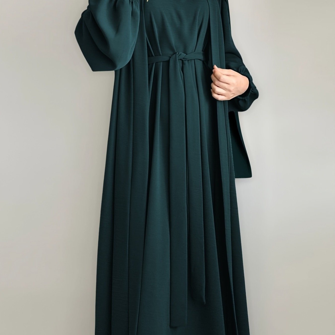 3pcs Traditional Middle Eastern Abaya Dress Set - Long Sleeve, Belted Waist, Solid Color, Non-Stretch Fabric, Spring/Summer/Fall Wear, Includes Cardigan, Dress, and Headscarf, Cultural Attire|Traditional Attire|Belted Waist D