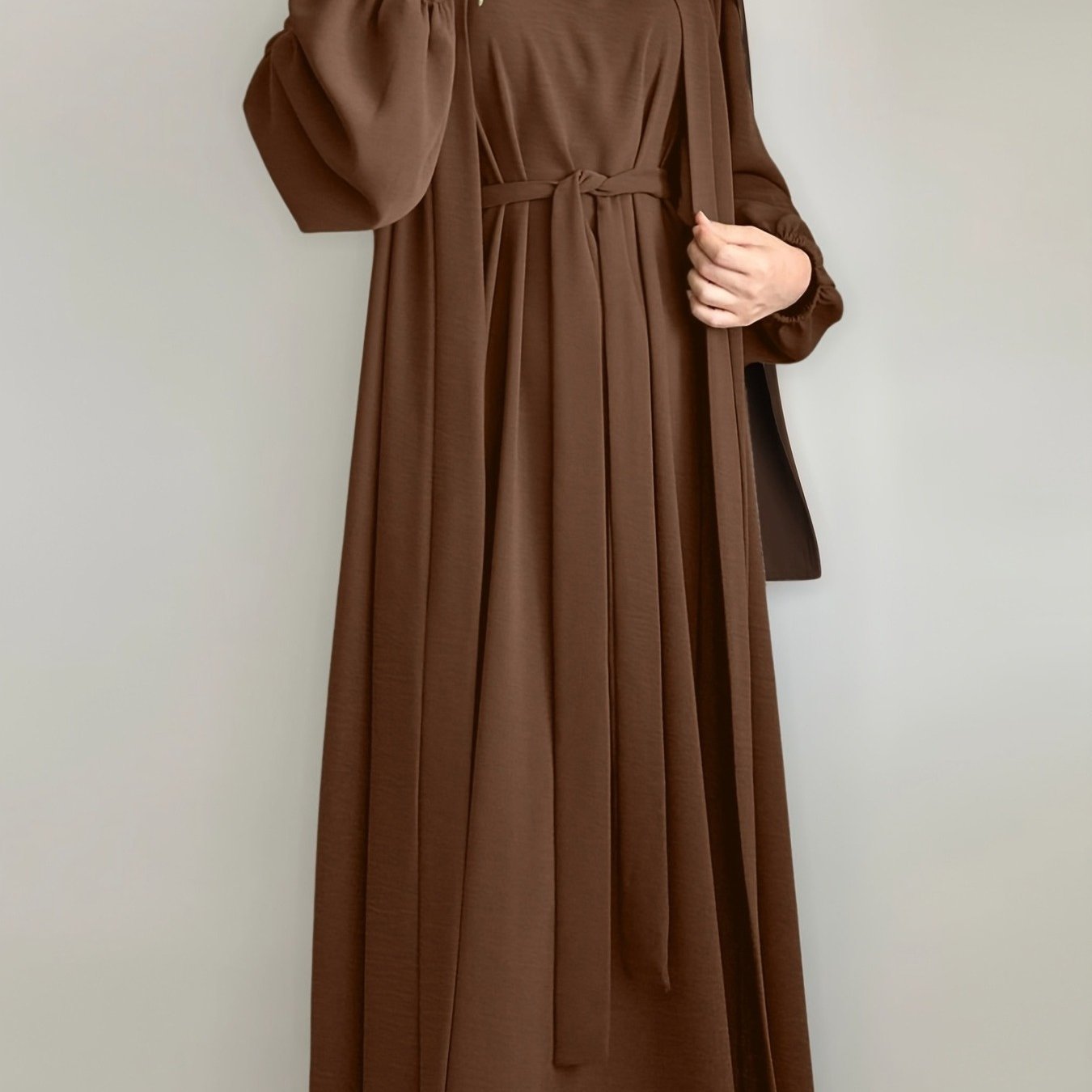 3pcs Traditional Middle Eastern Abaya Dress Set - Long Sleeve, Belted Waist, Solid Color, Non-Stretch Fabric, Spring/Summer/Fall Wear, Includes Cardigan, Dress, and Headscarf, Cultural Attire|Traditional Attire|Belted Waist D