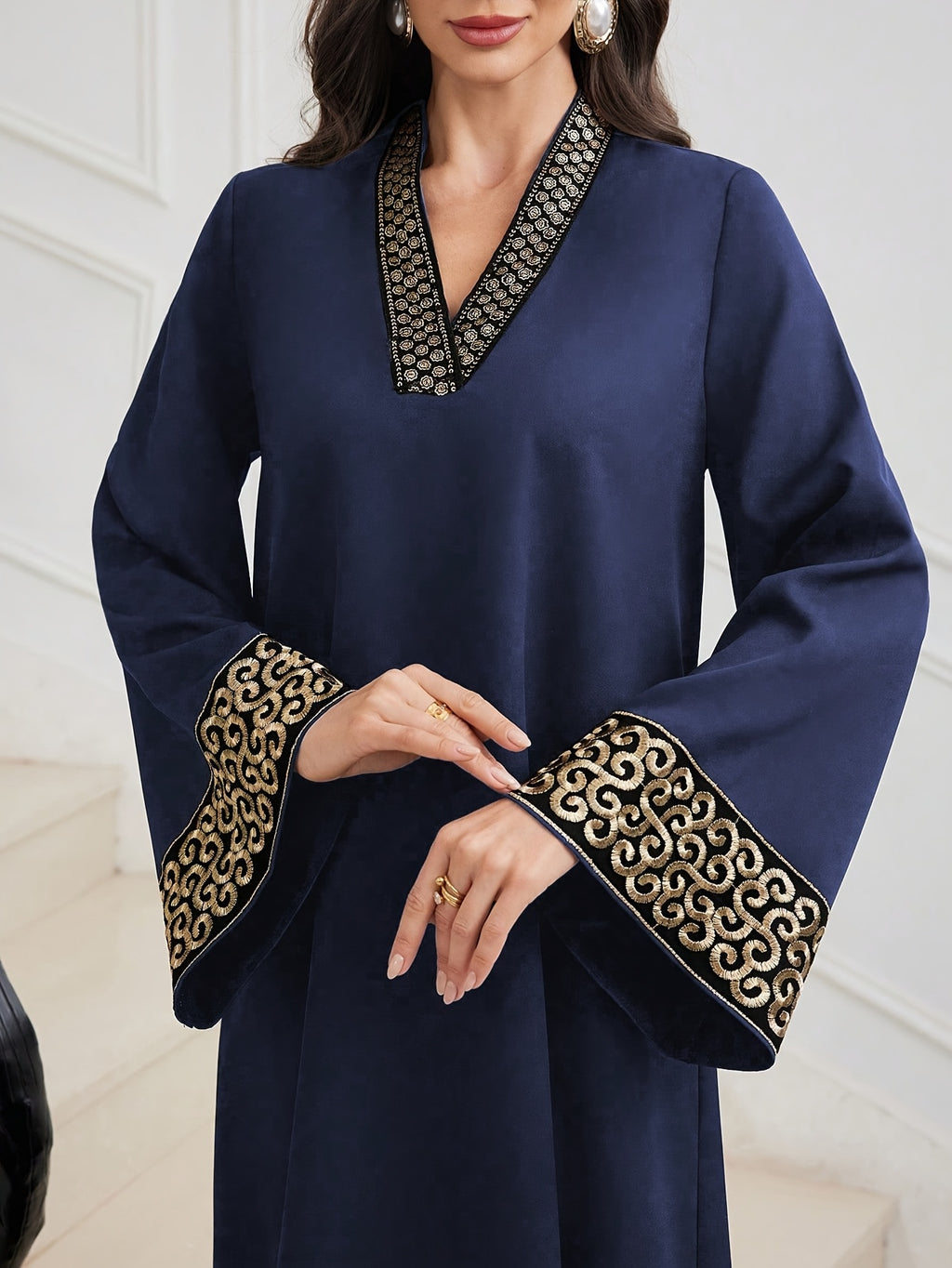 Elegant Black Abaya with Golden Embroidery - V-Neck, Waist-Cinching, Flared Sleeves, Perfect for Weddings, Parties, and Formal Events, Formal Event Attire|Vneck Abaya|Waistcinching Design, Abaya Dress