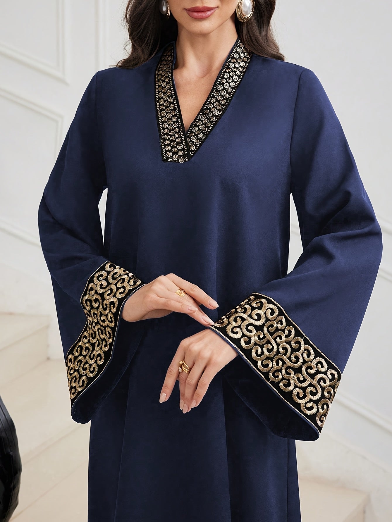 Elegant Black Abaya with Golden Embroidery - V-Neck, Waist-Cinching, Flared Sleeves, Perfect for Weddings, Parties, and Formal Events, Formal Event Attire|Vneck Abaya|Waistcinching Design, Abaya Dress