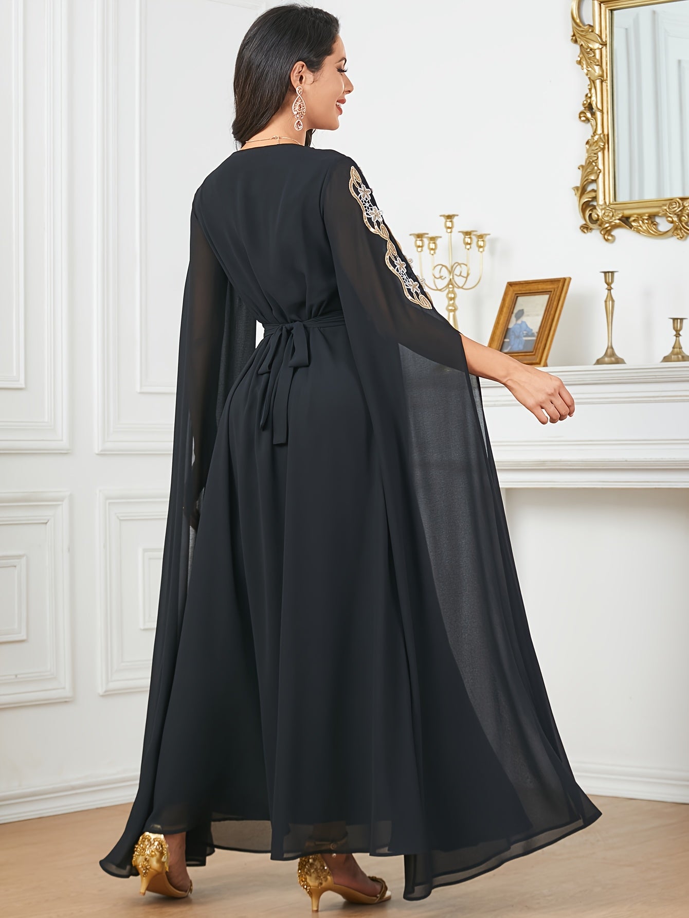 1pc Elegant Middle Eastern Embroidered Long Sleeve Split Cuff Maxi Dress with Waist Belt, 100% Polyester Solid Color, Non-Stretch Fabric, All-Season Woven A-Line Gown