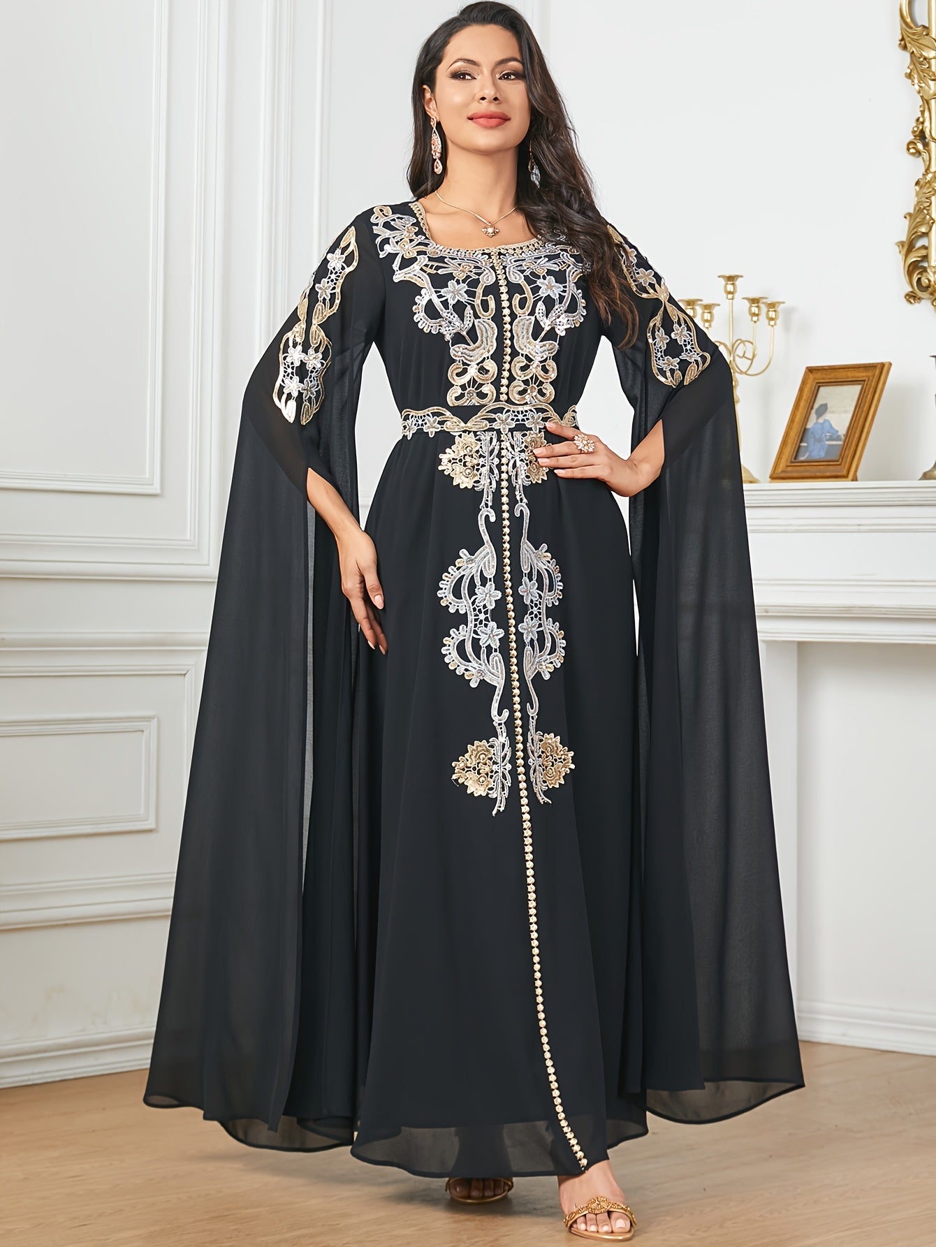 1pc Elegant Middle Eastern Embroidered Long Sleeve Split Cuff Maxi Dress with Waist Belt, 100% Polyester Solid Color, Non-Stretch Fabric, All-Season Woven A-Line Gown