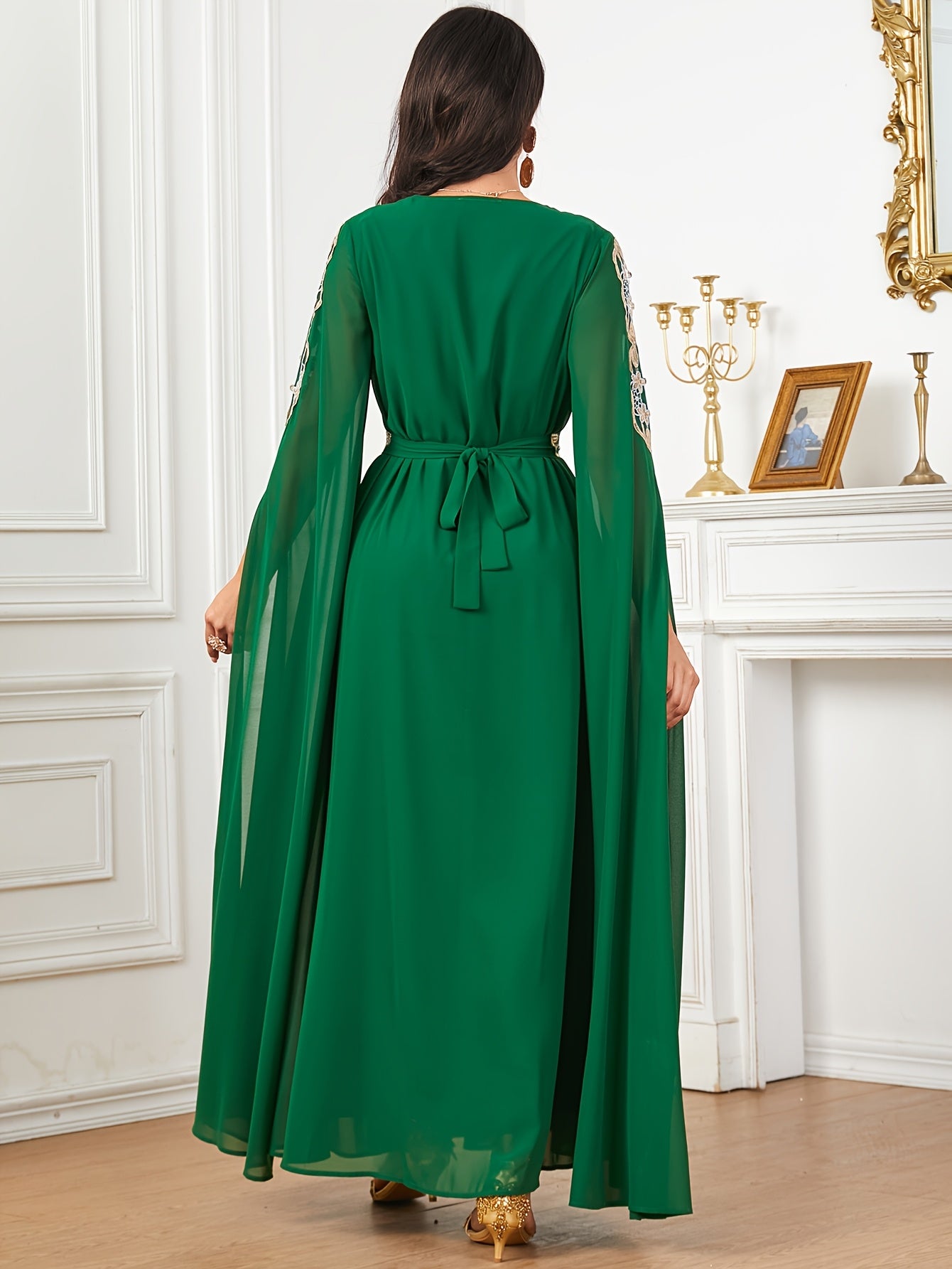 1pc Elegant Middle Eastern Embroidered Long Sleeve Split Cuff Maxi Dress with Waist Belt, 100% Polyester Solid Color, Non-Stretch Fabric, All-Season Woven A-Line Gown