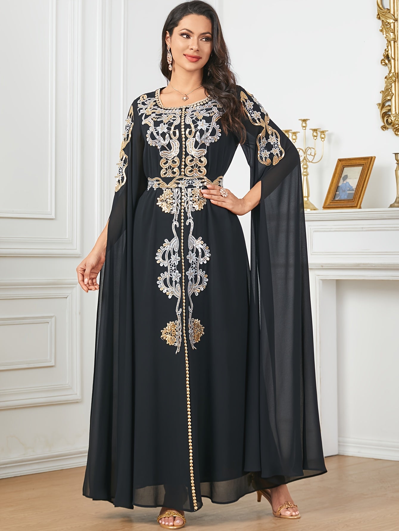 1pc Elegant Middle Eastern Embroidered Long Sleeve Split Cuff Maxi Dress with Waist Belt, 100% Polyester Solid Color, Non-Stretch Fabric, All-Season Woven A-Line Gown