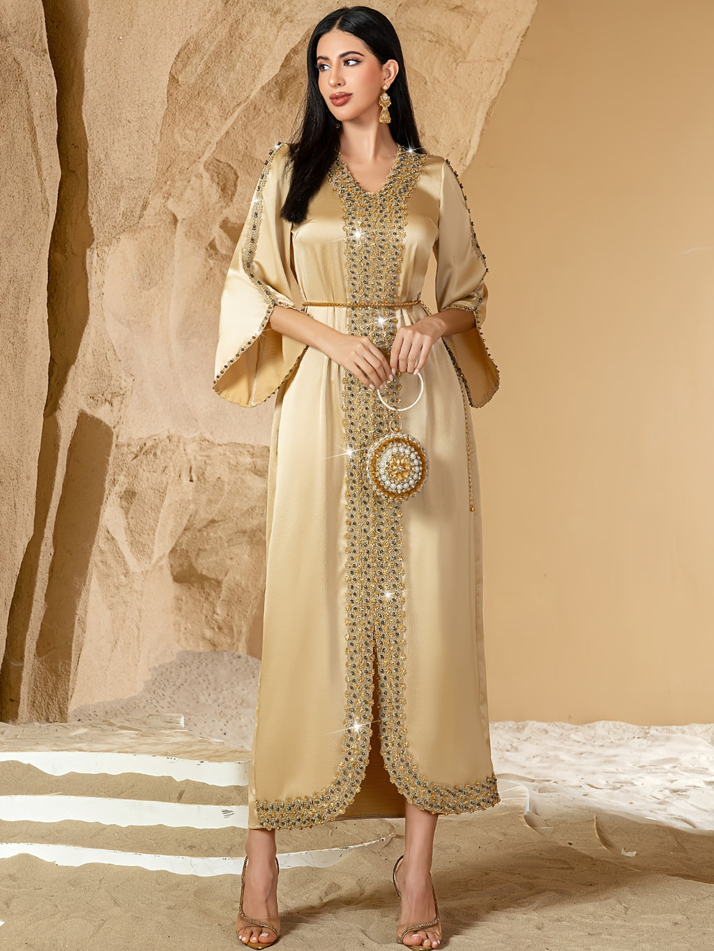 Elegant Beaded V-Neck Maxi Dress for Women - Long Sleeve, Flowing A-Line Silhouette, Golden Beaded Detail, Perfect for Spring/Summer, Adult Fashion, Elegant Attire|Vneck Dress|Flutter Sleeve Design, Cute Dresses