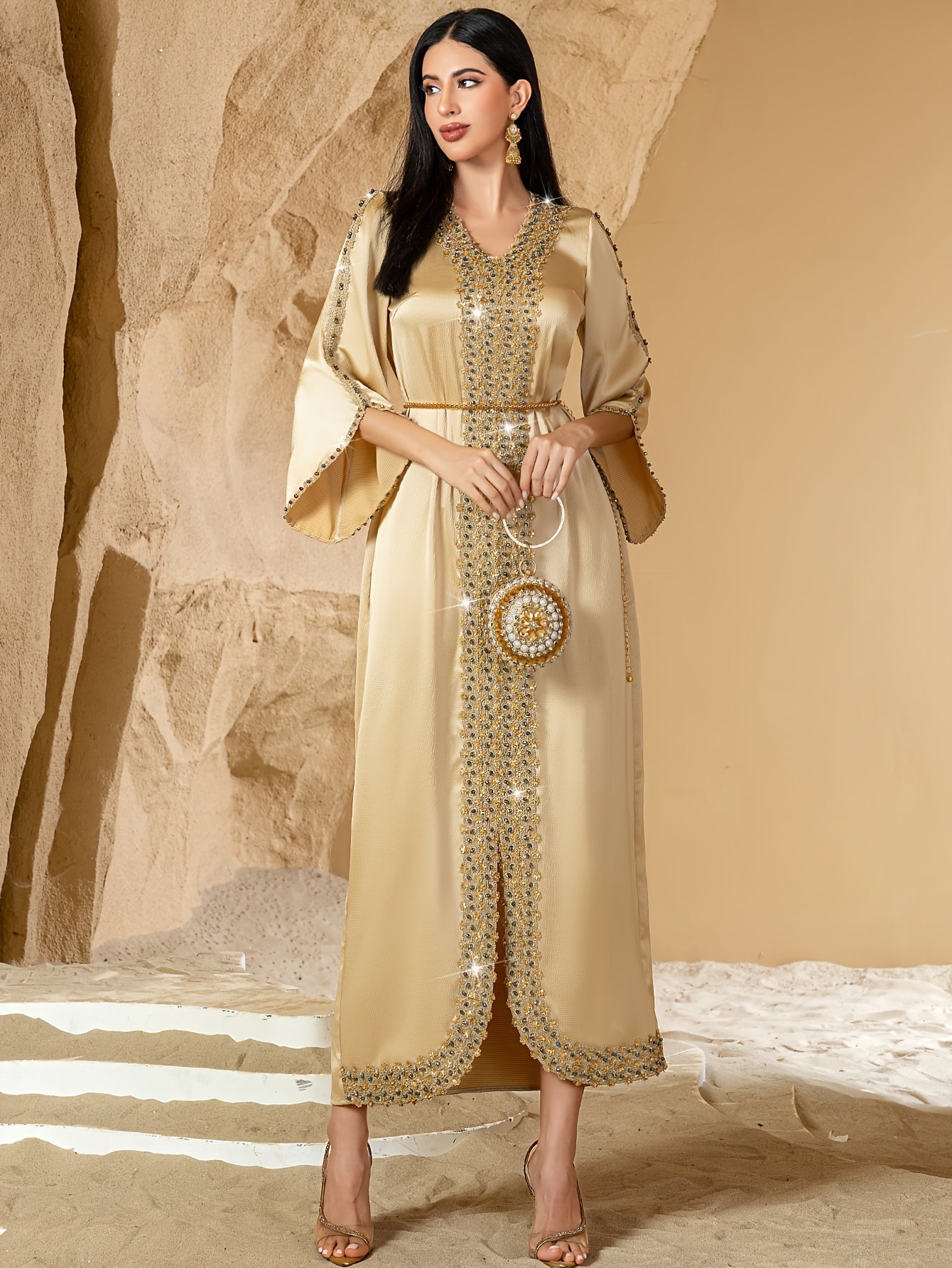 Elegant Beaded V-Neck Maxi Dress for Women - Long Sleeve, Flowing A-Line Silhouette, Golden Beaded Detail, Perfect for Spring/Summer, Adult Fashion, Elegant Attire|Vneck Dress|Flutter Sleeve Design, Cute Dresses