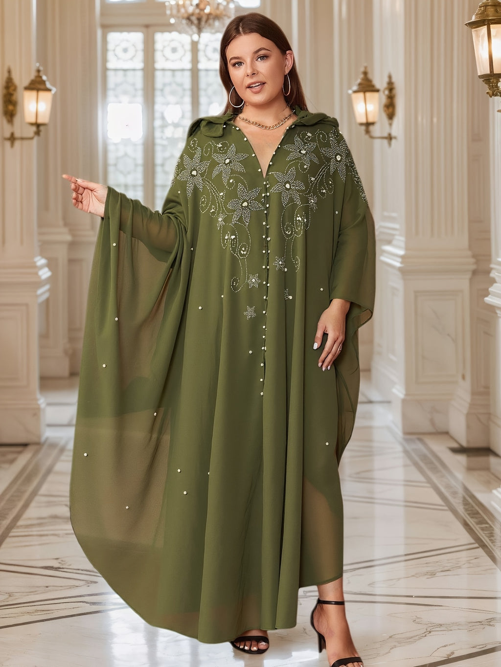 Elegant Blue Embellished Maxi Dress with Geometric Pattern, Loose Fit, Three Quarter Sleeve, Mesh Fabric, Pearls & Rhinestones, Perfect for Spring & Summer Events, Elegant Attire|Geometric Pattern Dress|Mesh Fabric Dress