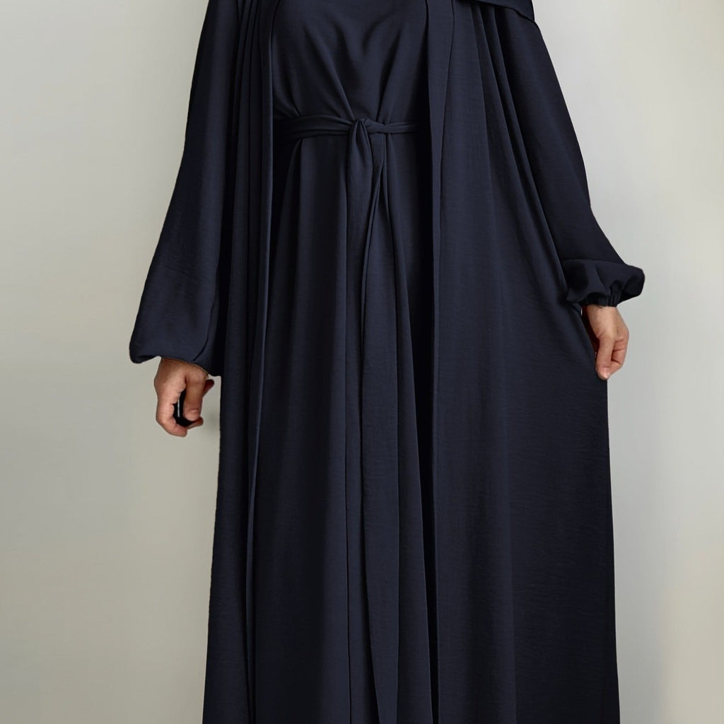 3pcs Traditional Middle Eastern Abaya Dress Set - Long Sleeve, Belted Waist, Solid Color, Non-Stretch Fabric, Spring/Summer/Fall Wear, Includes Cardigan, Dress, and Headscarf, Cultural Attire|Traditional Attire|Belted Waist D