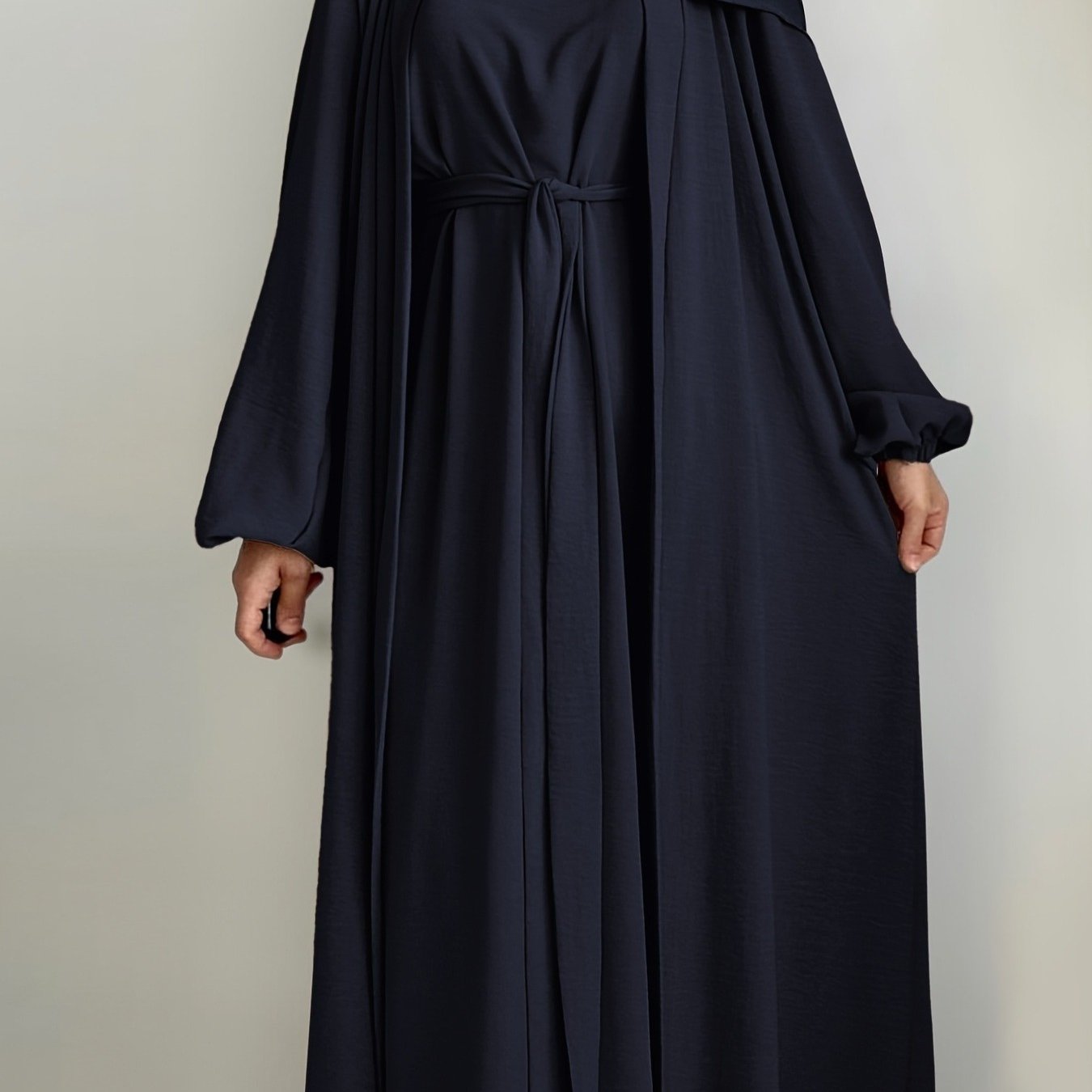 3pcs Traditional Middle Eastern Abaya Dress Set - Long Sleeve, Belted Waist, Solid Color, Non-Stretch Fabric, Spring/Summer/Fall Wear, Includes Cardigan, Dress, and Headscarf, Cultural Attire|Traditional Attire|Belted Waist D