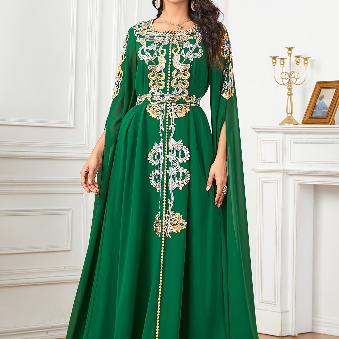 1pc Elegant Middle Eastern Embroidered Long Sleeve Split Cuff Maxi Dress with Waist Belt, 100% Polyester Solid Color, Non-Stretch Fabric, All-Season Woven A-Line Gown