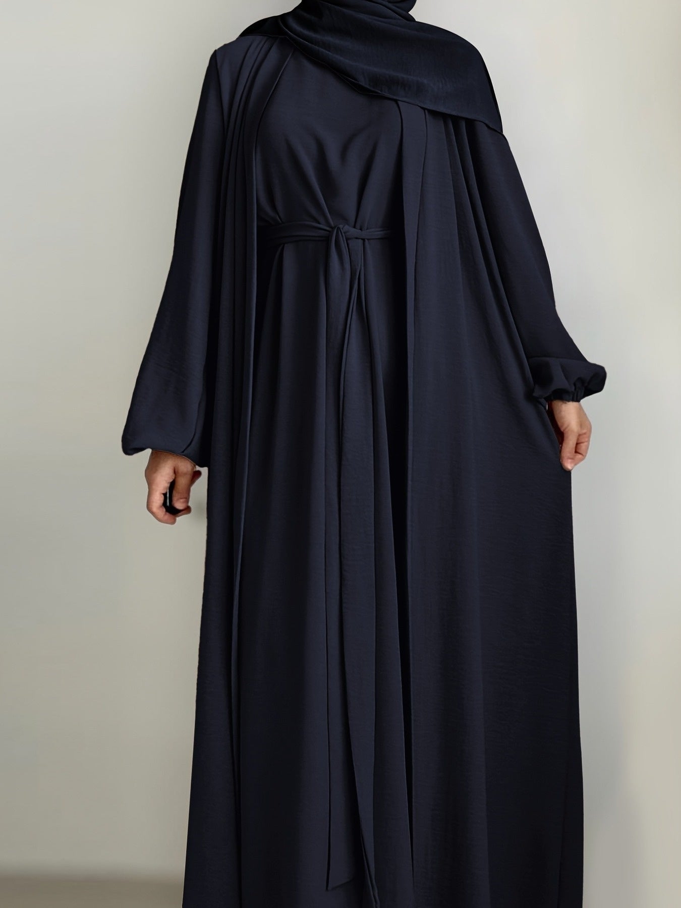 3pcs Traditional Middle Eastern Abaya Dress Set - Long Sleeve, Belted Waist, Solid Color, Non-Stretch Fabric, Spring/Summer/Fall Wear, Includes Cardigan, Dress, and Headscarf, Cultural Attire|Traditional Attire|Belted Waist D
