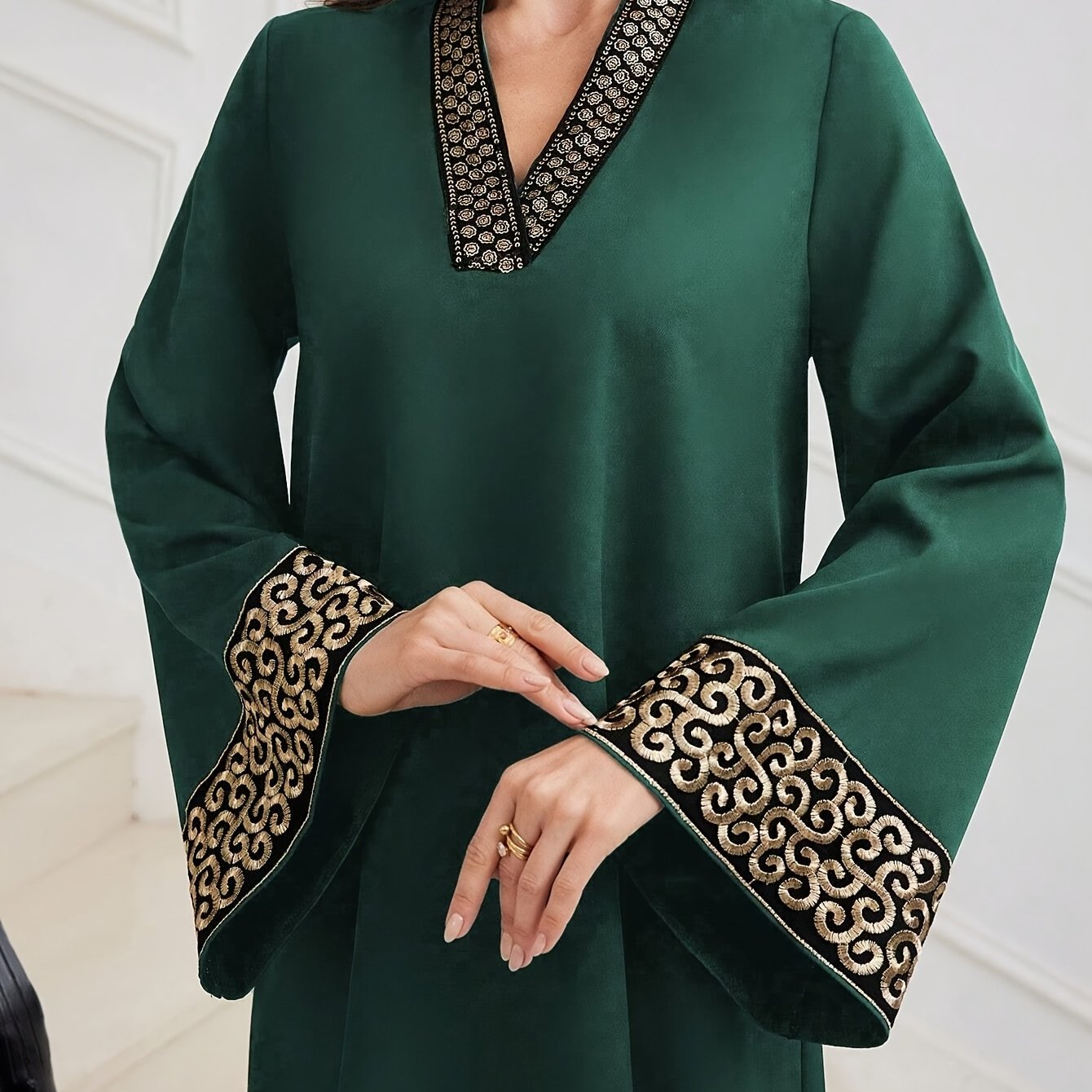 Elegant Black Abaya with Golden Embroidery - V-Neck, Waist-Cinching, Flared Sleeves, Perfect for Weddings, Parties, and Formal Events, Formal Event Attire|Vneck Abaya|Waistcinching Design, Abaya Dress