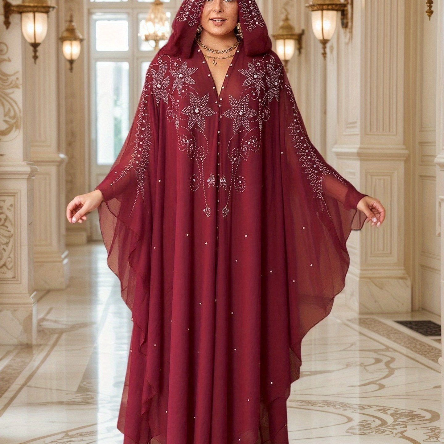 Elegant Blue Embellished Maxi Dress with Geometric Pattern, Loose Fit, Three Quarter Sleeve, Mesh Fabric, Pearls & Rhinestones, Perfect for Spring & Summer Events, Elegant Attire|Geometric Pattern Dress|Mesh Fabric Dress