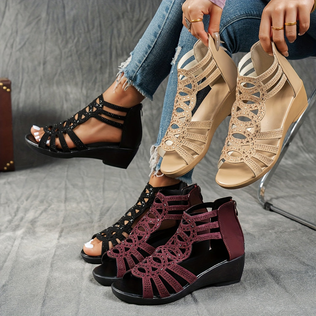 Women's Summer Roman Sandals - Thick Platform Mid-Heel with Adjustable Ankle Strap, Open-Toe Design & Breathable Faux Cover - Black & Burgundy Casual Outdoor Shoes, Chunky Heel Sandals
