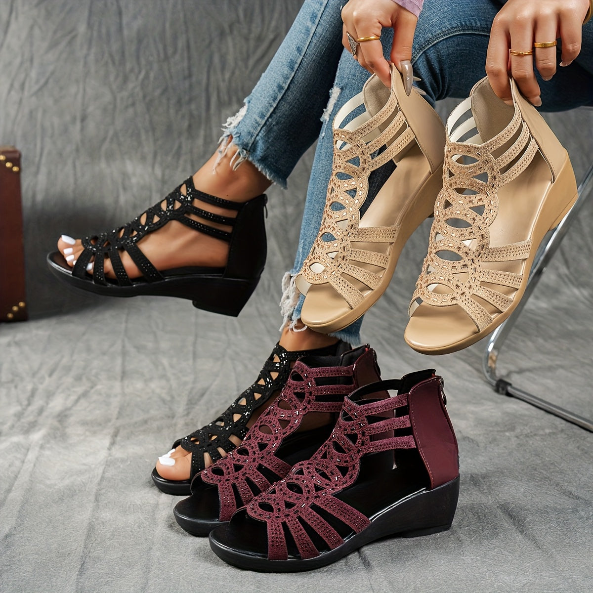 Women's Summer Roman Sandals - Thick Platform Mid-Heel with Adjustable Ankle Strap, Open-Toe Design & Breathable Faux Cover - Black & Burgundy Casual Outdoor Shoes, Chunky Heel Sandals