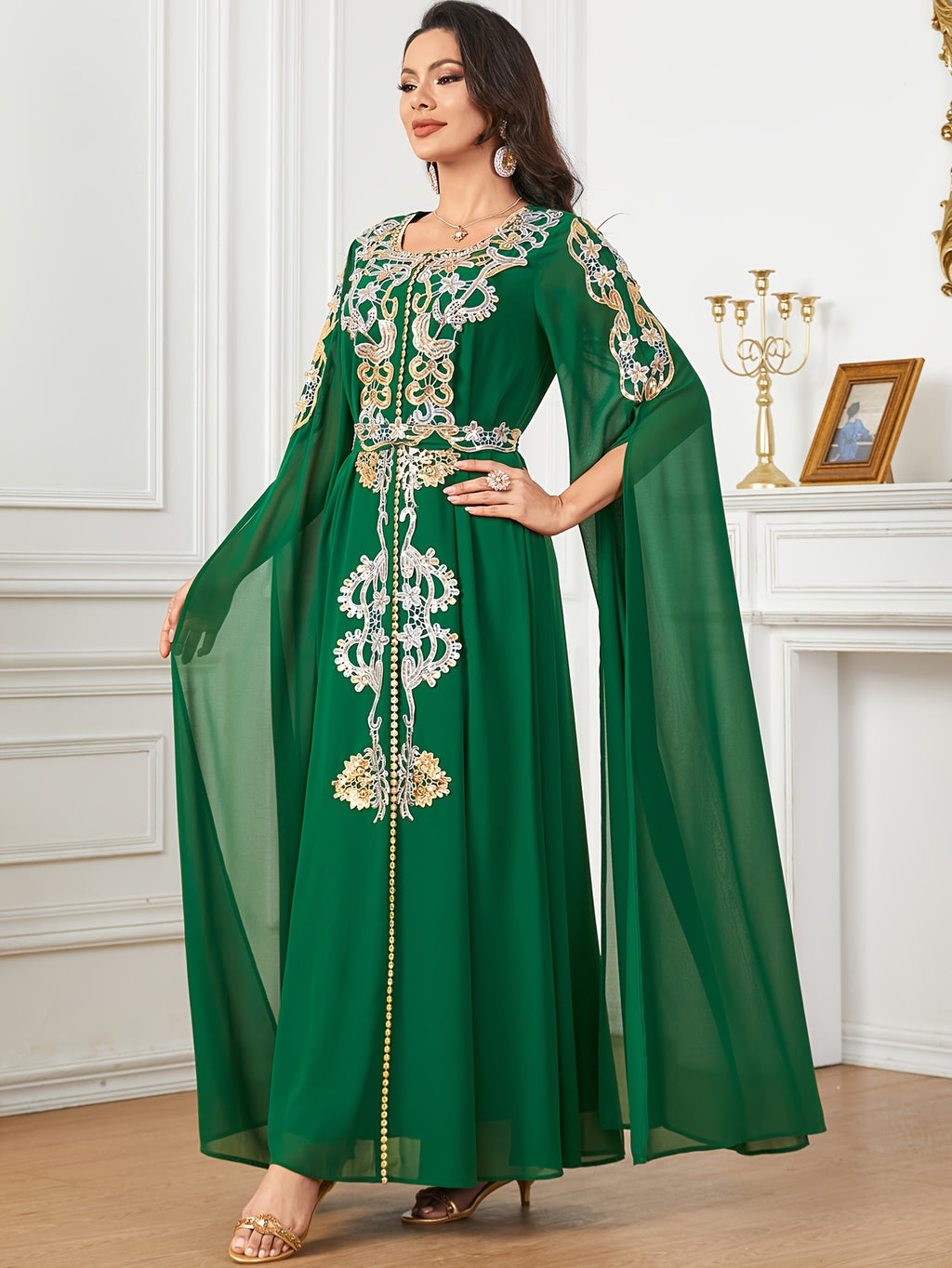 1pc Elegant Middle Eastern Embroidered Long Sleeve Split Cuff Maxi Dress with Waist Belt, 100% Polyester Solid Color, Non-Stretch Fabric, All-Season Woven A-Line Gown