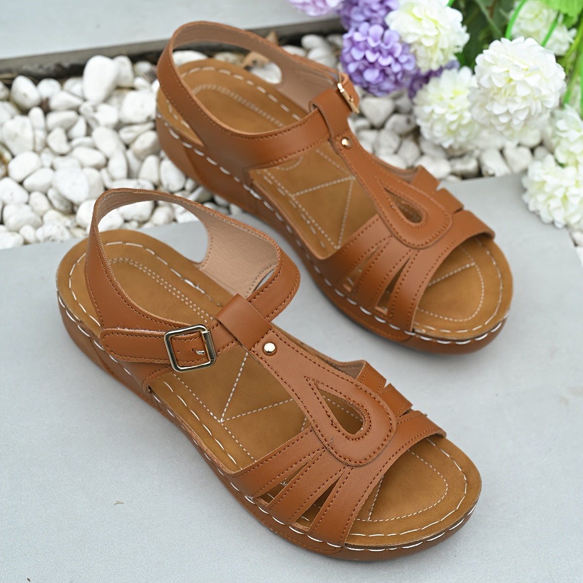 Women's Casual Summer Wedge Sandals - Open Toe, Faux Cover with Buckle Straps, Thick Rubber Sole, Brown, Comfortable for Outdoor Wear, Ladies Sandals