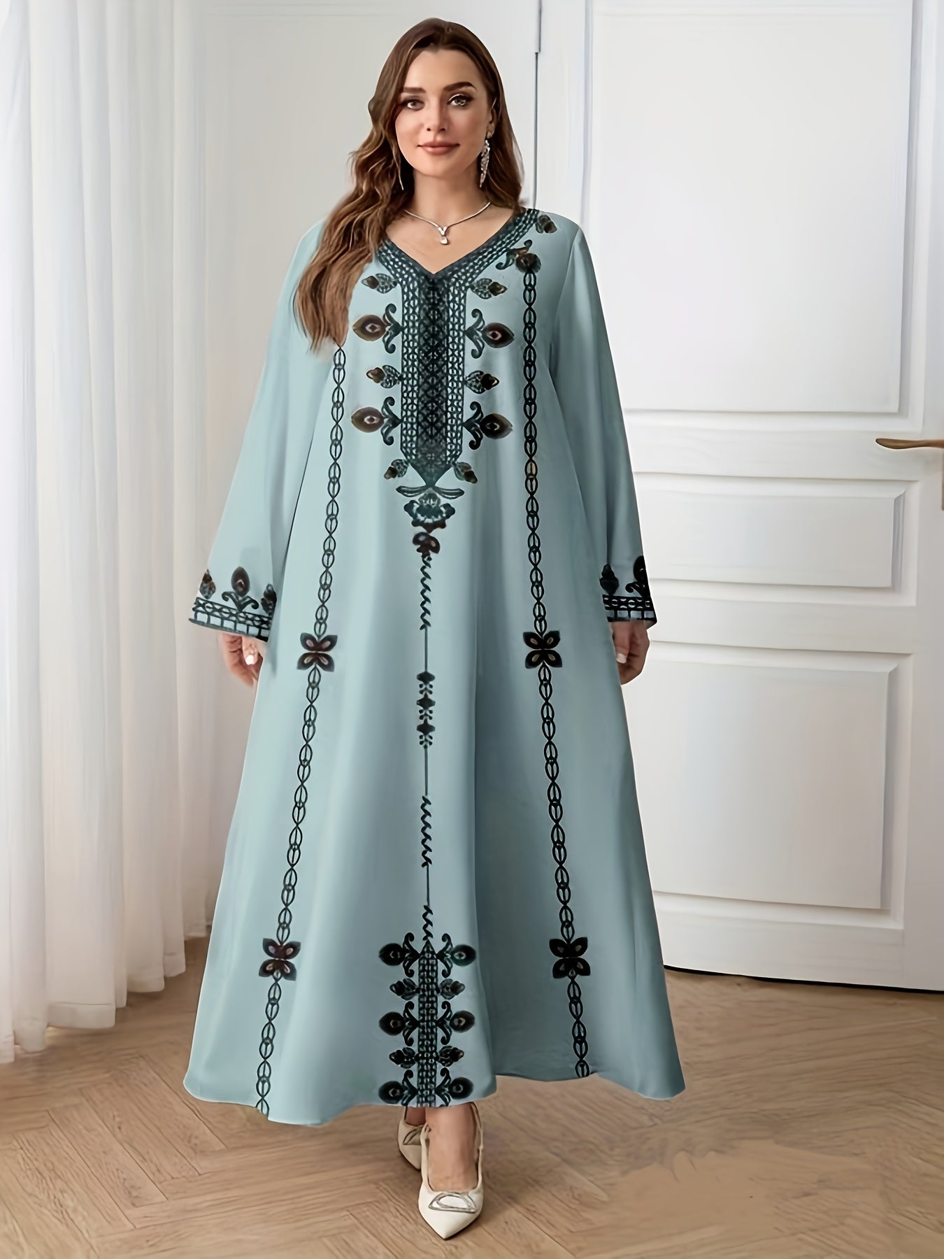 Elegant Plus Size V-Neck Maxi Dress with Intricate Floral Print, Loose Fit Long Sleeve Tunic for Women - All-Season Versatile Wear, Plus Size Dresses