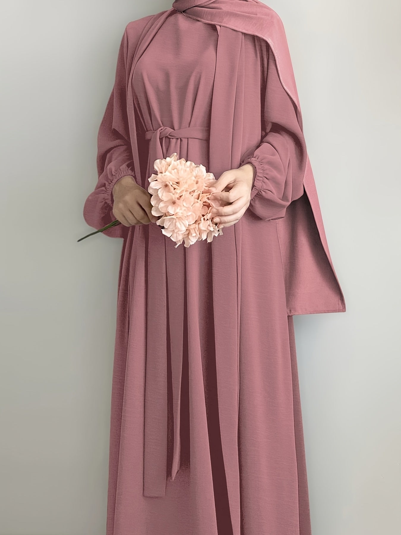 3pcs Traditional Middle Eastern Abaya Dress Set - Long Sleeve, Belted Waist, Solid Color, Non-Stretch Fabric, Spring/Summer/Fall Wear, Includes Cardigan, Dress, and Headscarf, Cultural Attire|Traditional Attire|Belted Waist D